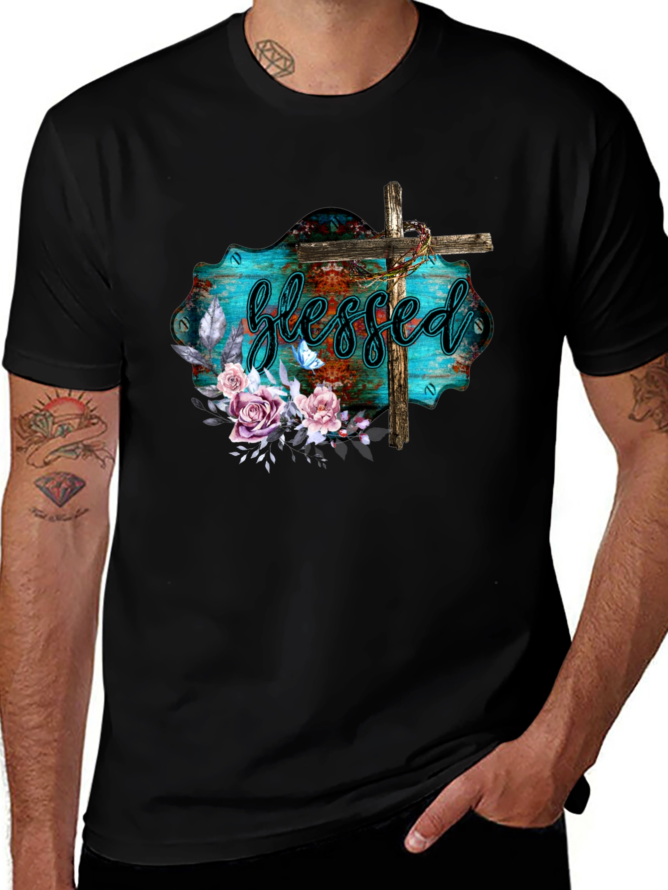 Variant 16 of Blessed Christian T-Shirt with Floral Cross Design