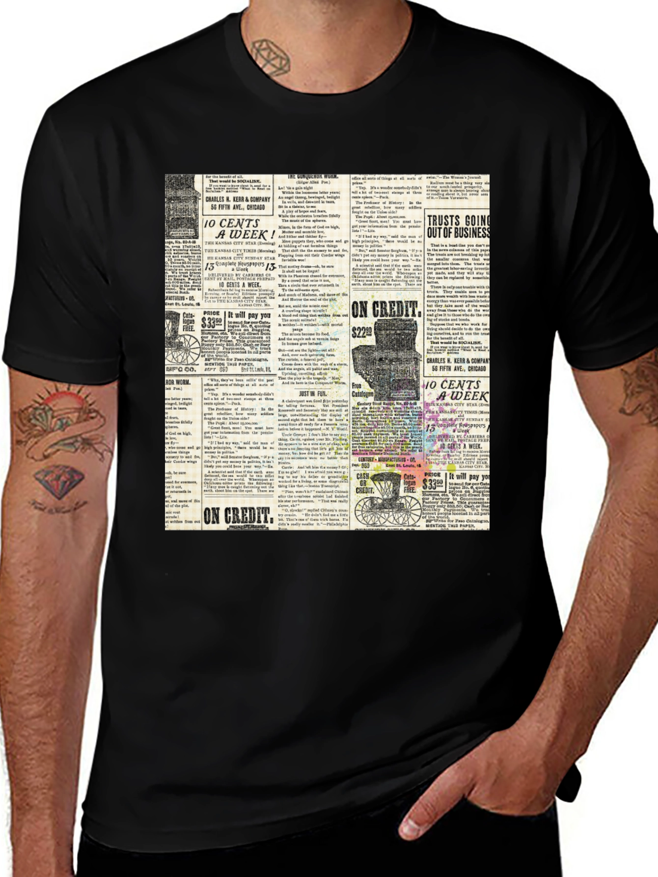 Vintage Newspaper Print Black T-Shirt