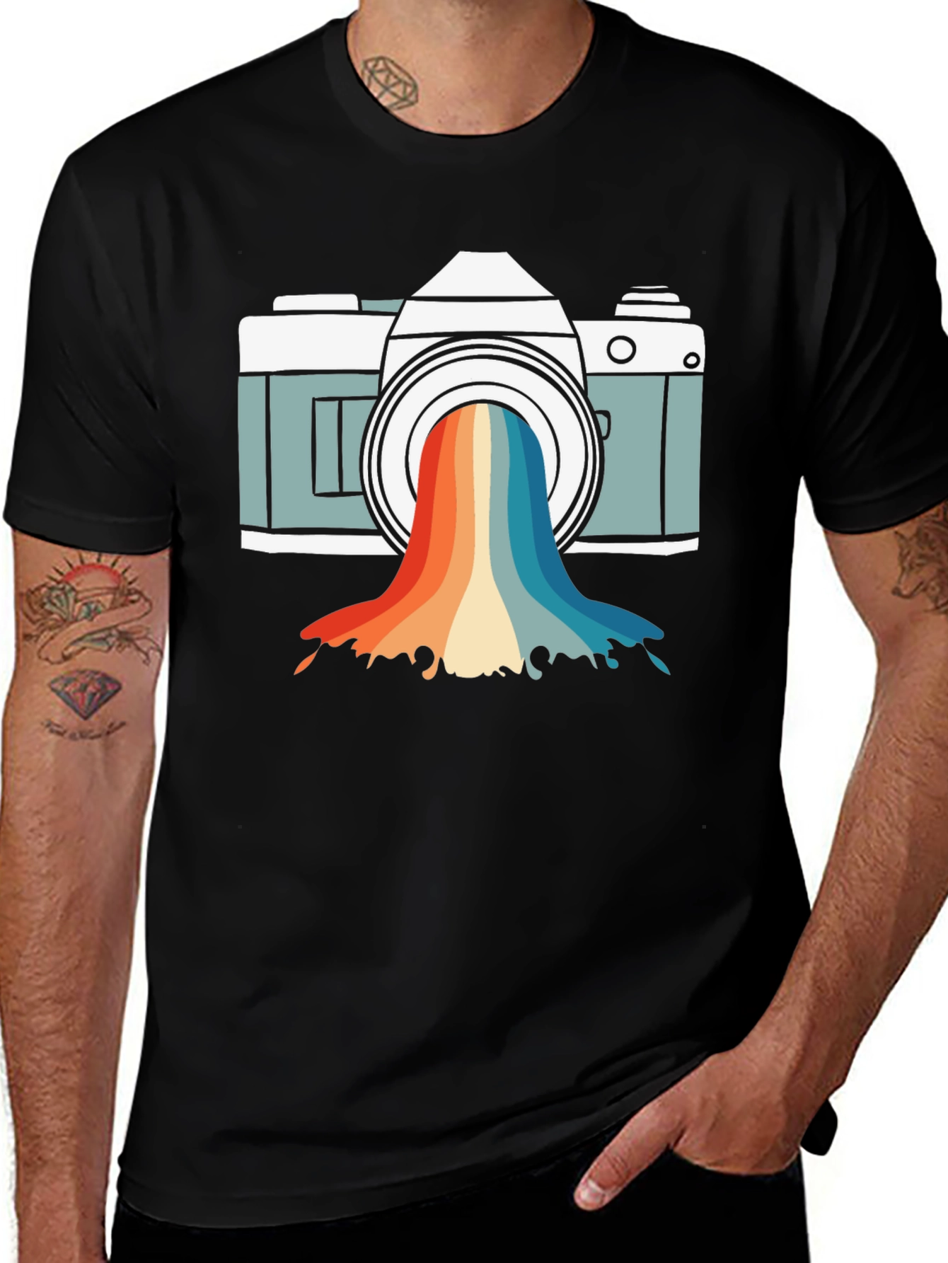 Black Retro Camera Rainbow Graphic Tee main image