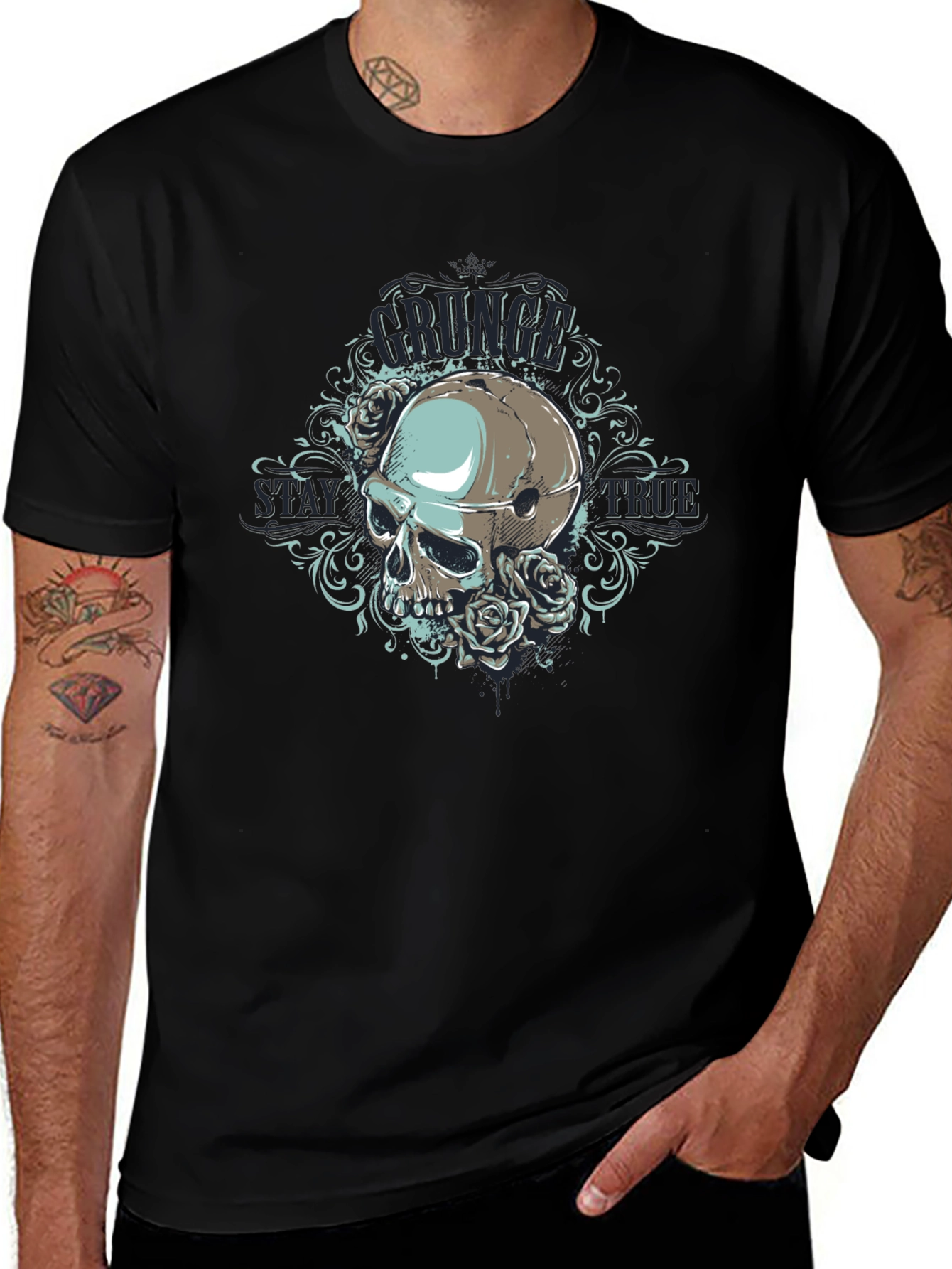 Variant 25 of Grunge Skull Rose Graphic Black T-Shirt