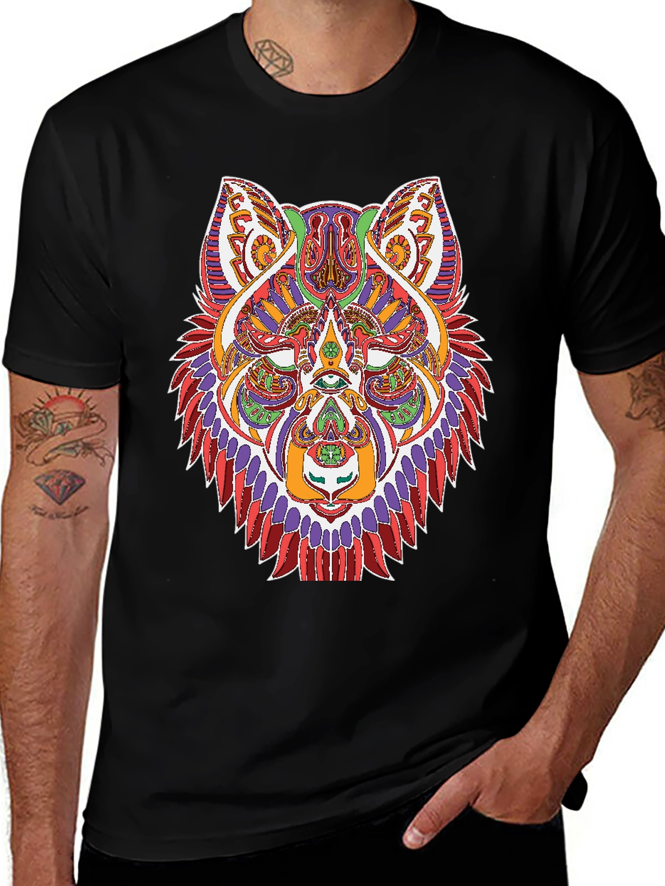 Variant 5 of Geometric Wolf Graphic Print Black T-Shirt