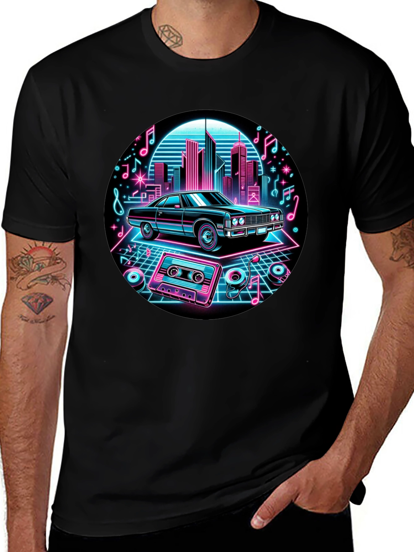Black Retro Car T-Shirt - Neon Cityscape Design main image