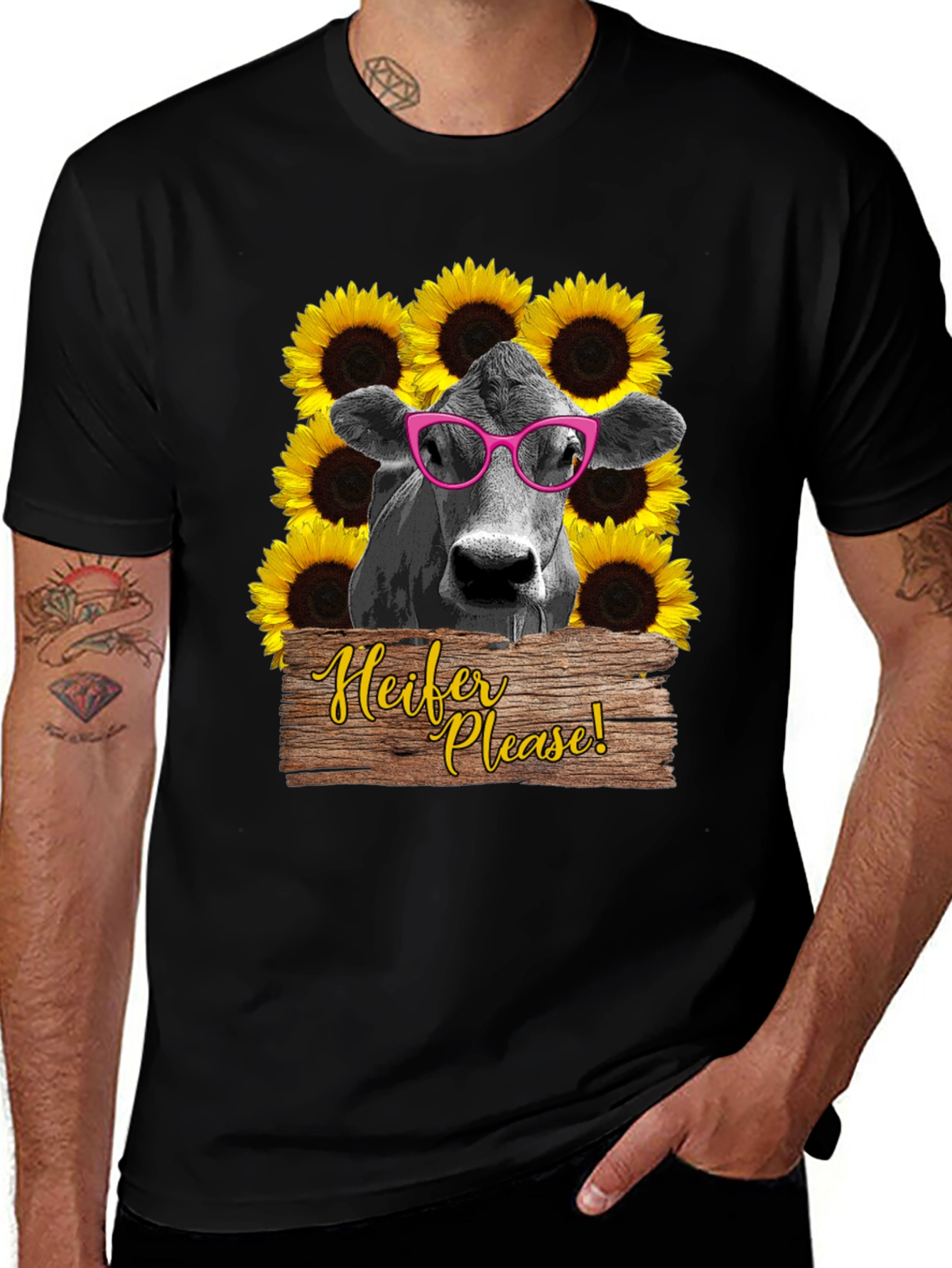 Heifer Please T-Shirt - Cow with Sunflowers & Glasses