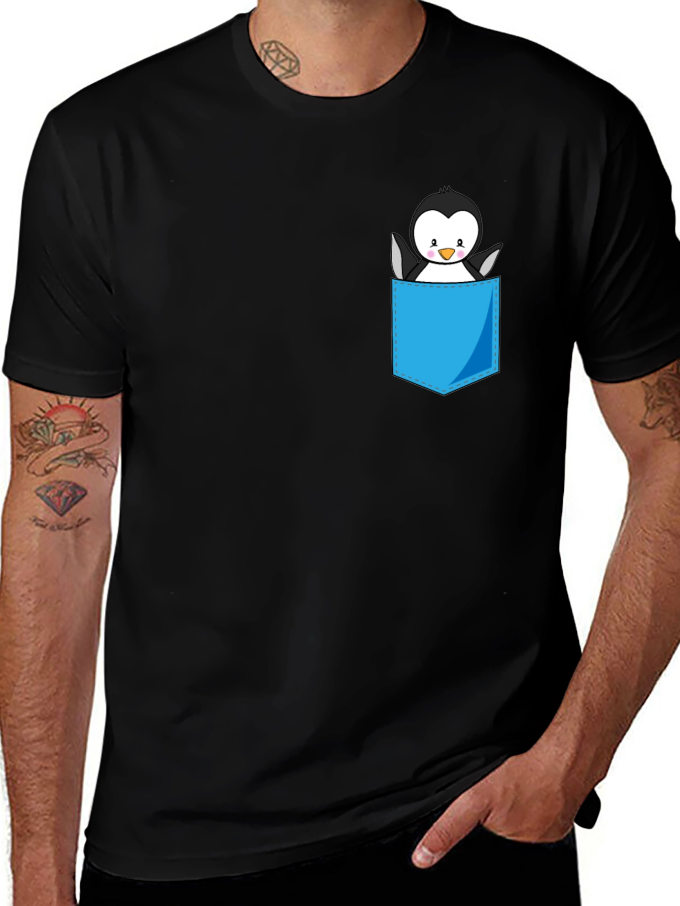 Variant 19 of Penguin Pocket Tee - Black Cotton Blend Cute Graphic Top