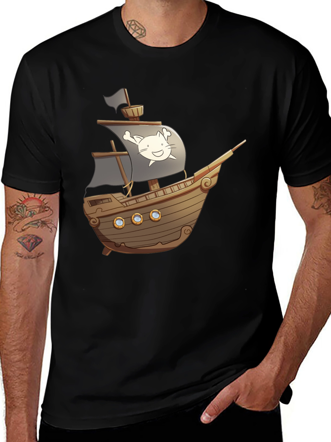Variant 15 of Pirate Cat Ship Graphic Tee - Men's Black T-Shirt