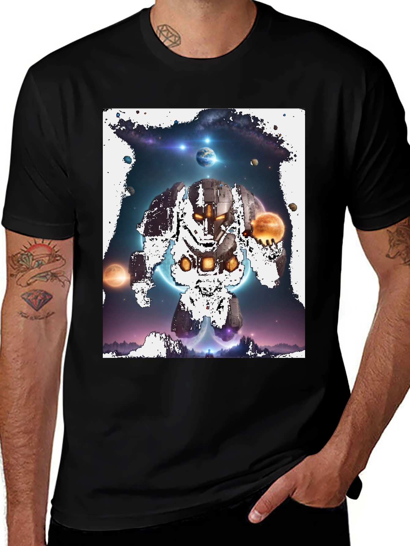 Cosmic Robot Graphic Tee - Galaxy Universe Print