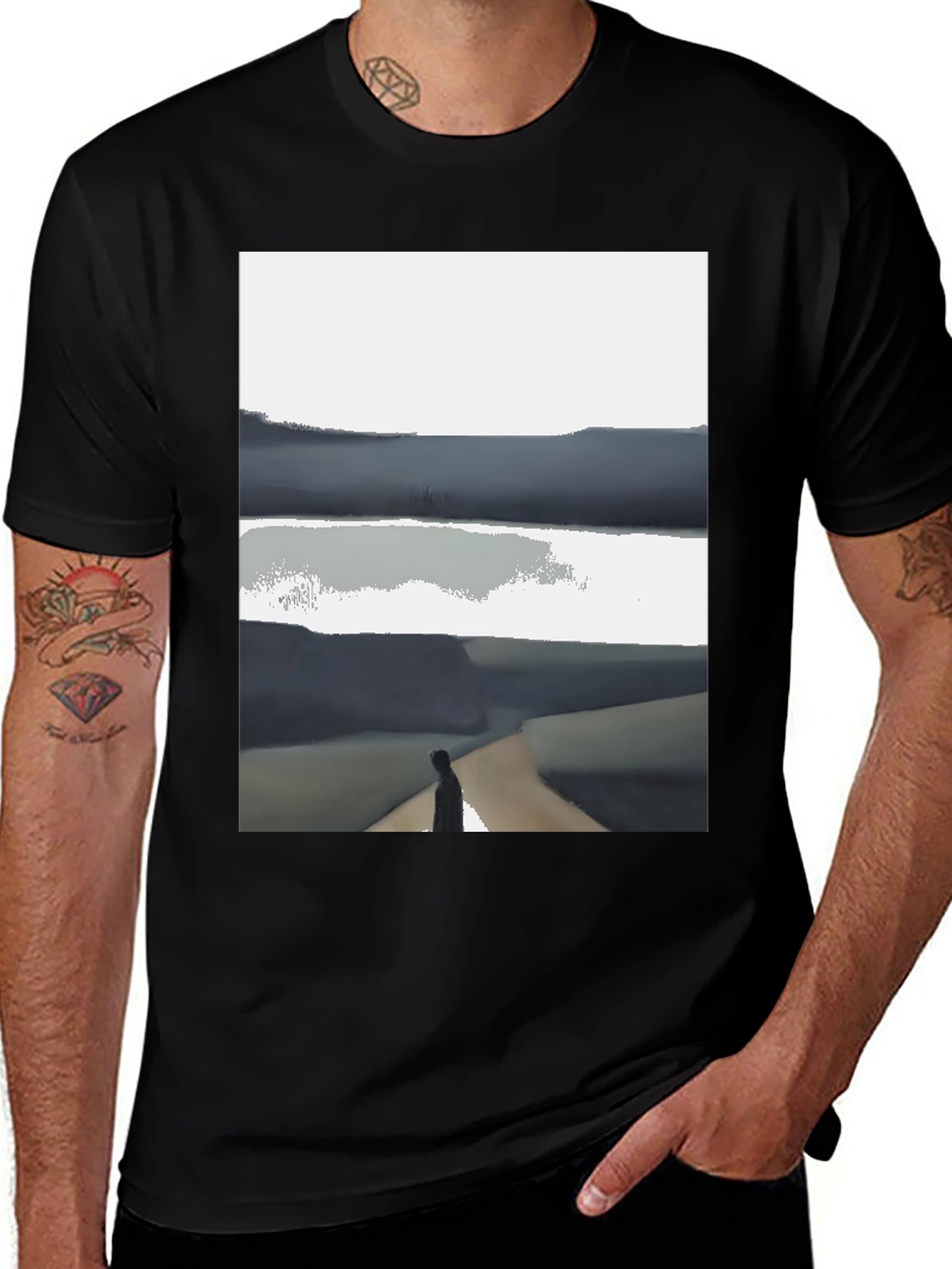 Variant 28 of Abstract Landscape Graphic Tee - Black Cotton Blend Shirt