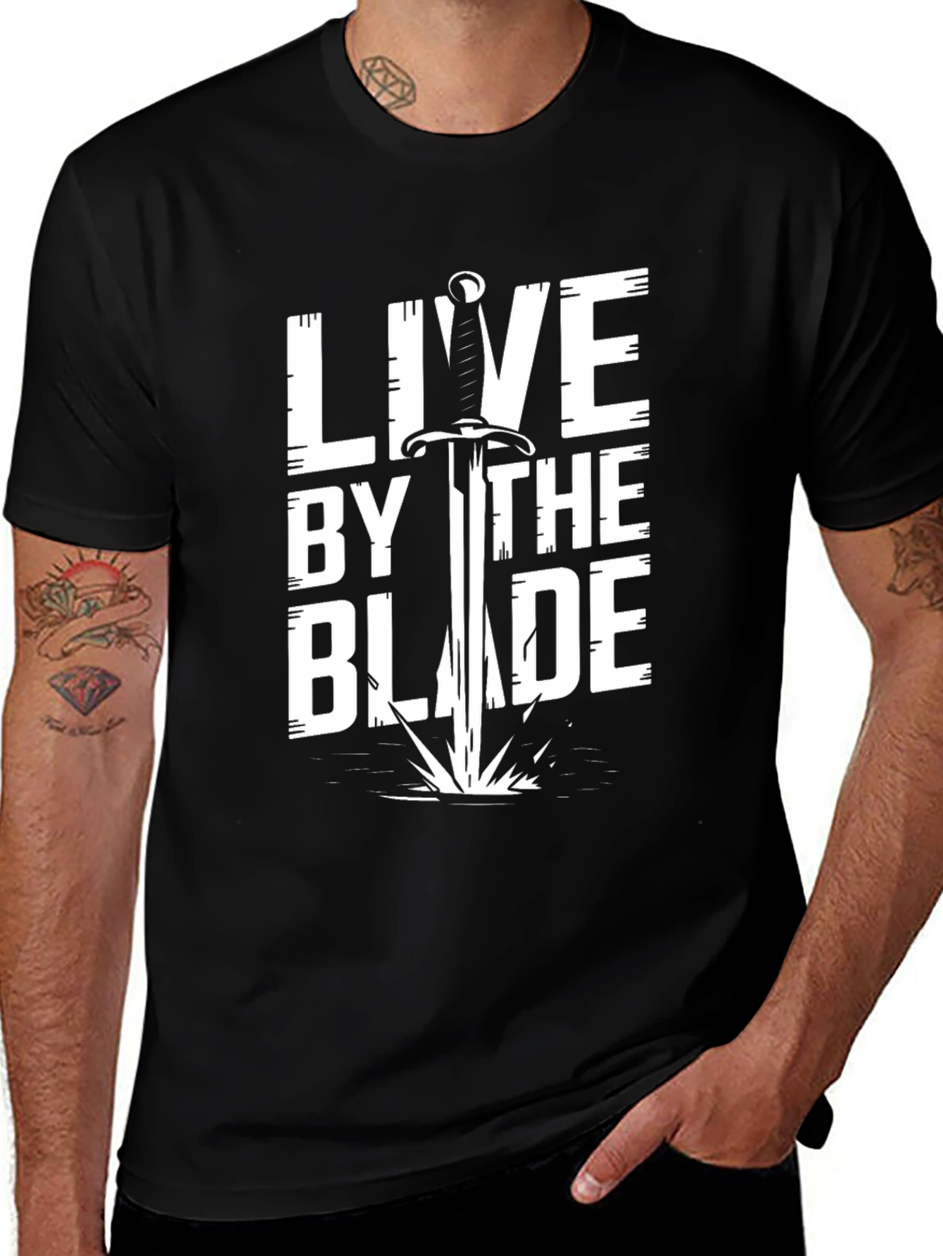 Variant 22 of Live By The Blade Sword Graphic Black T-Shirt