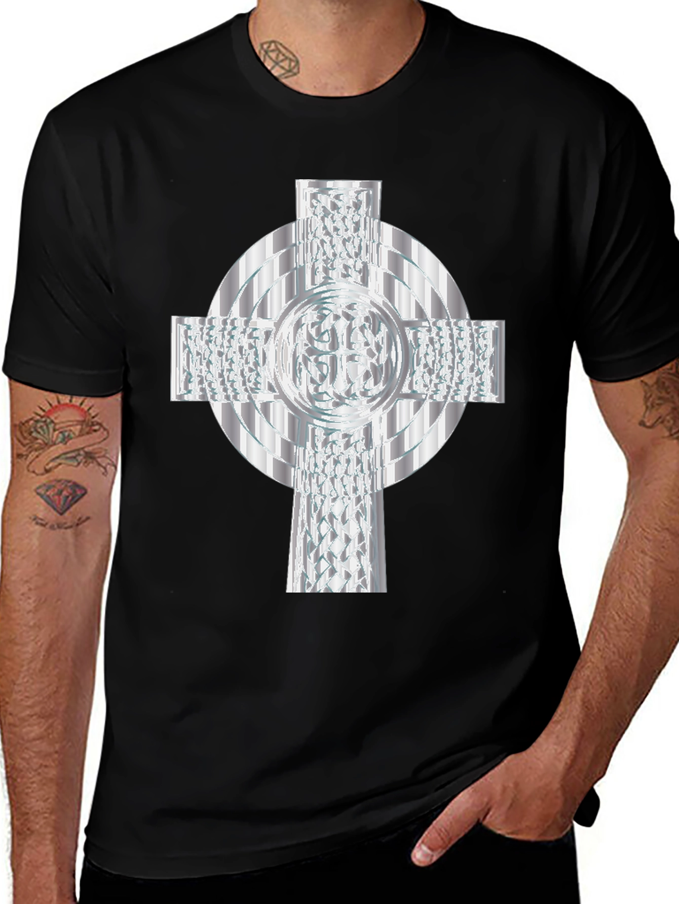 Celtic Cross T-Shirt - Silver Geometric Design