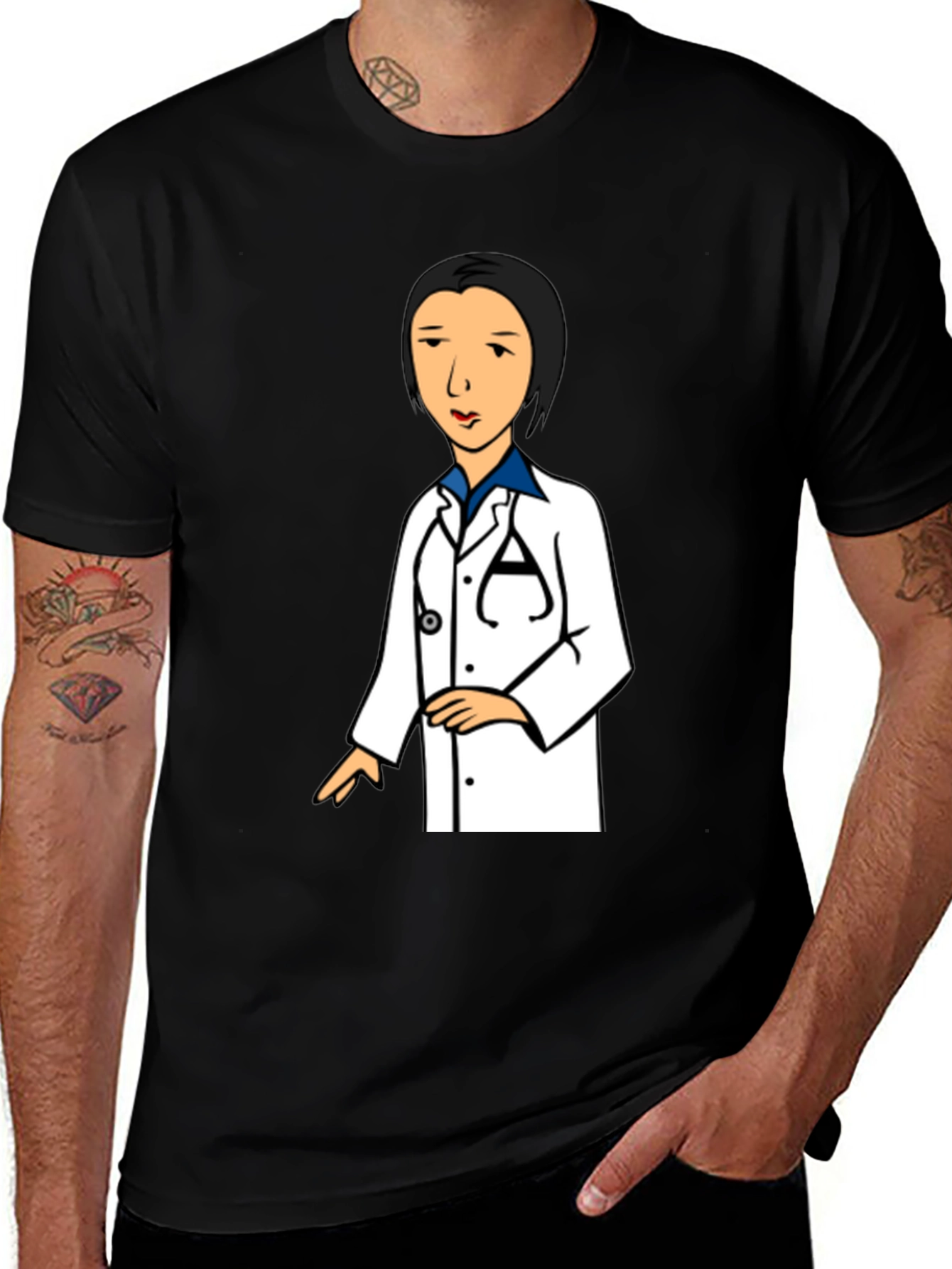 Variant 18 of Cartoon Doctor Graphic Tee - Black Cotton Casual