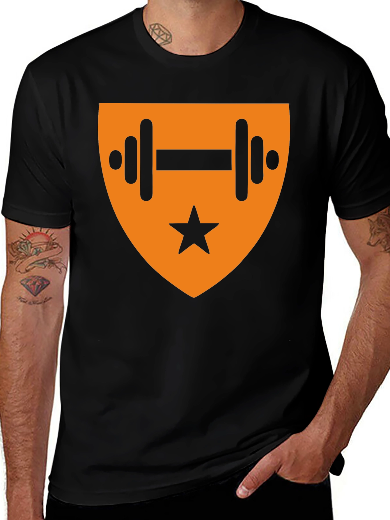 Black T-Shirt with Orange Fitness Emblem