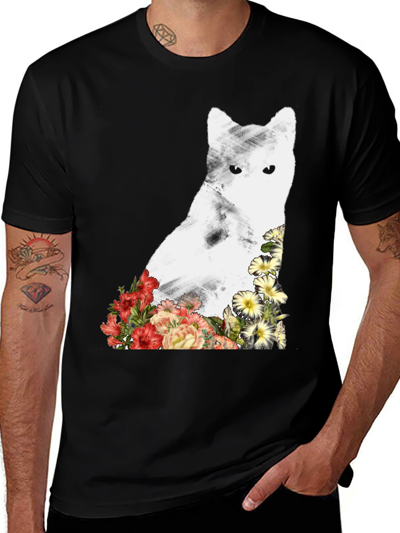 Variant 18 of Floral Cat Graphic Tee - Black