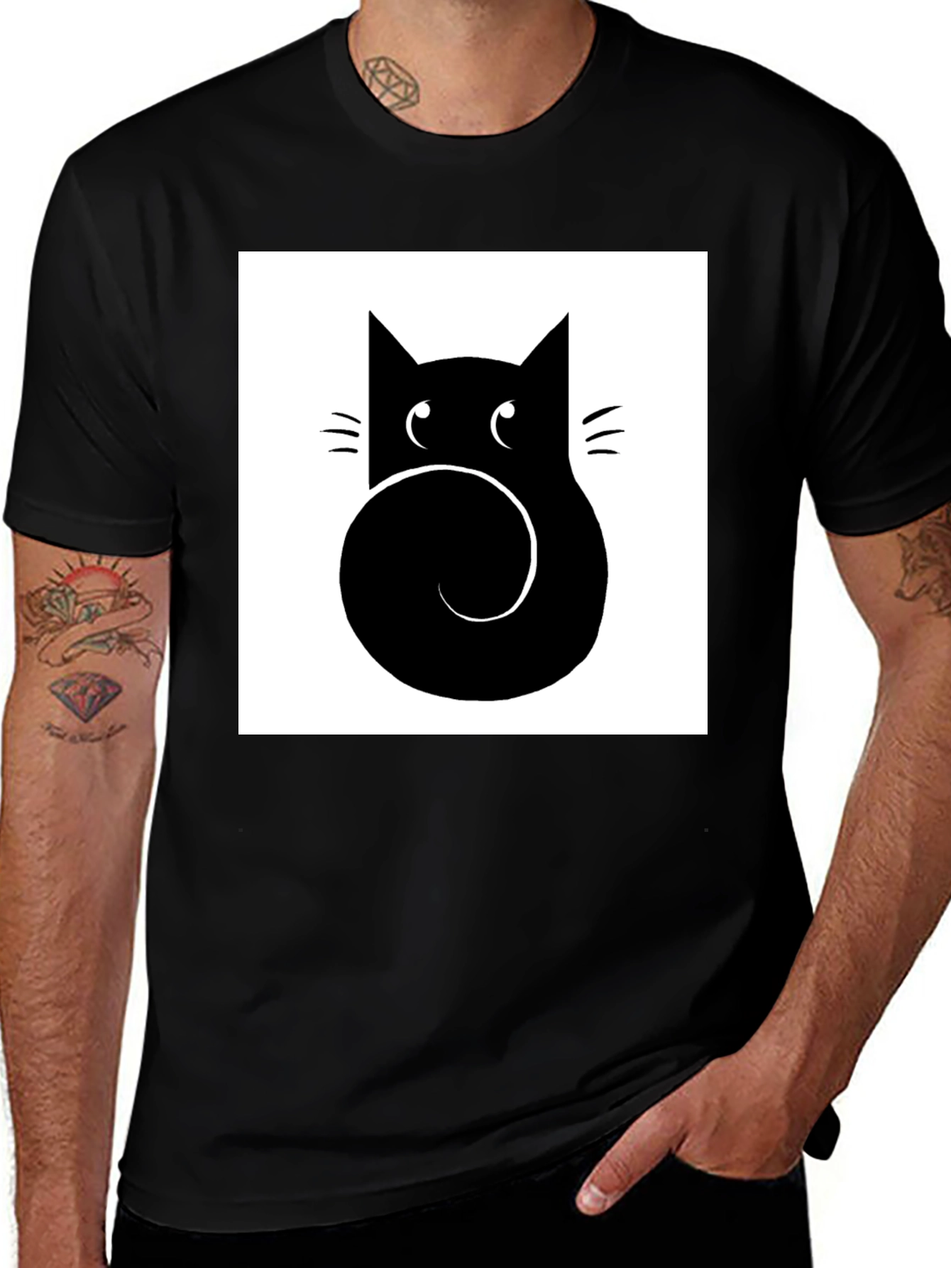Variant 19 of Stylized Cat Graphic Tee - Black Cotton Casual Shirt