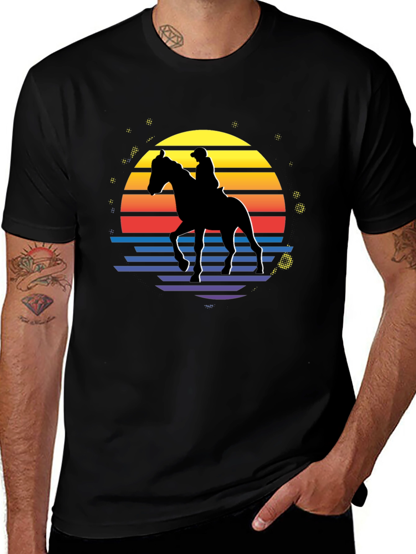 Variant 17 of Retro Horse Rider Sunset Graphic Tee - Black