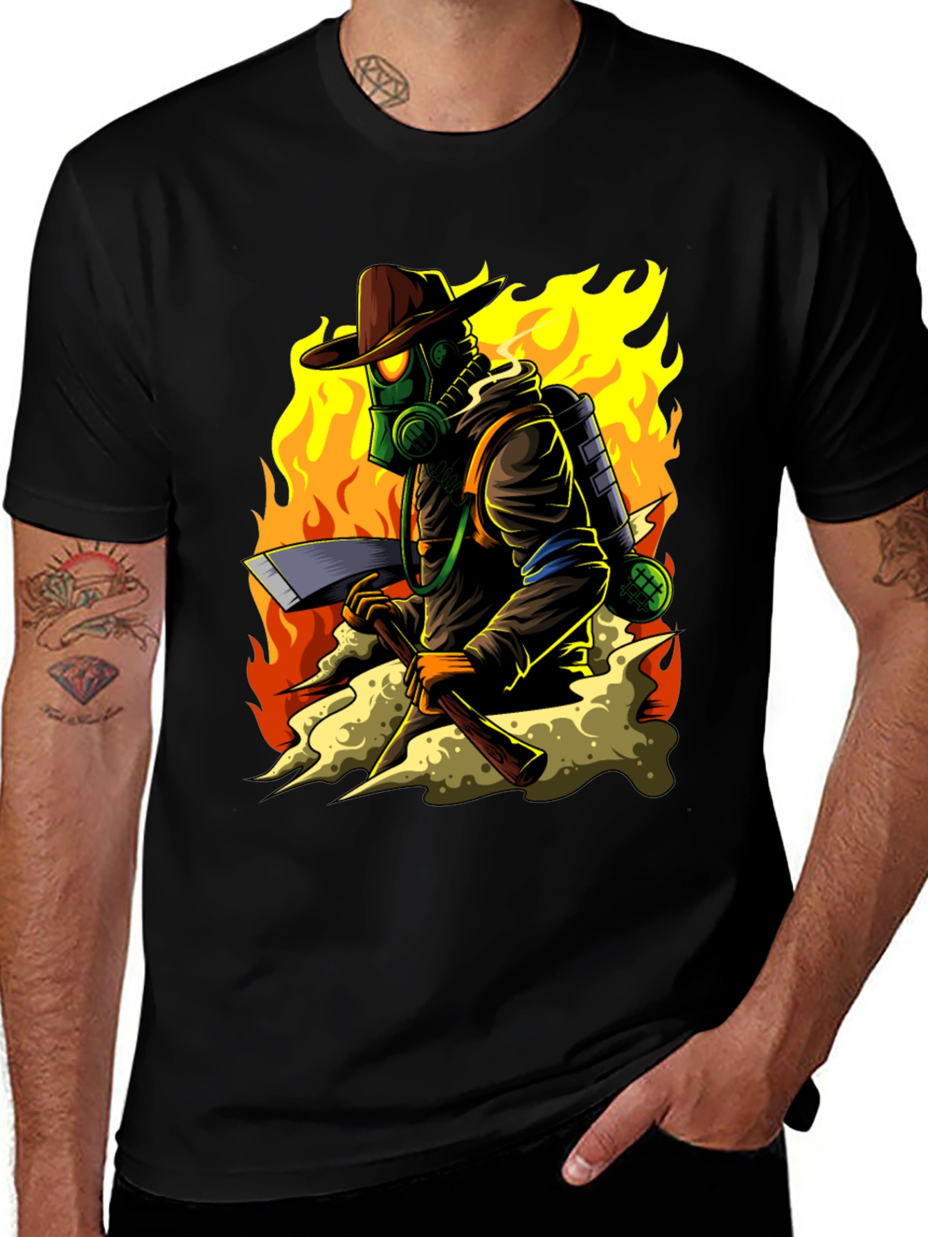 Variant 13 of Firefighter Cartoon Graphic Black T-Shirt