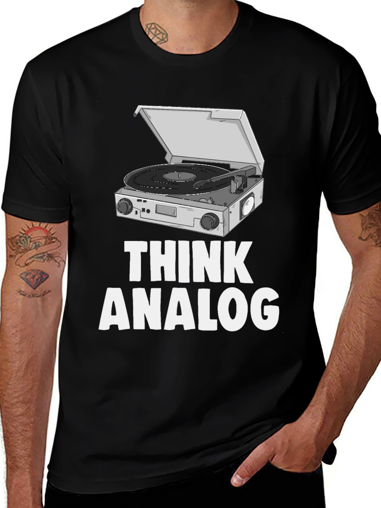 Think Analog Black T-Shirt - Retro Turntable Graphic Tee