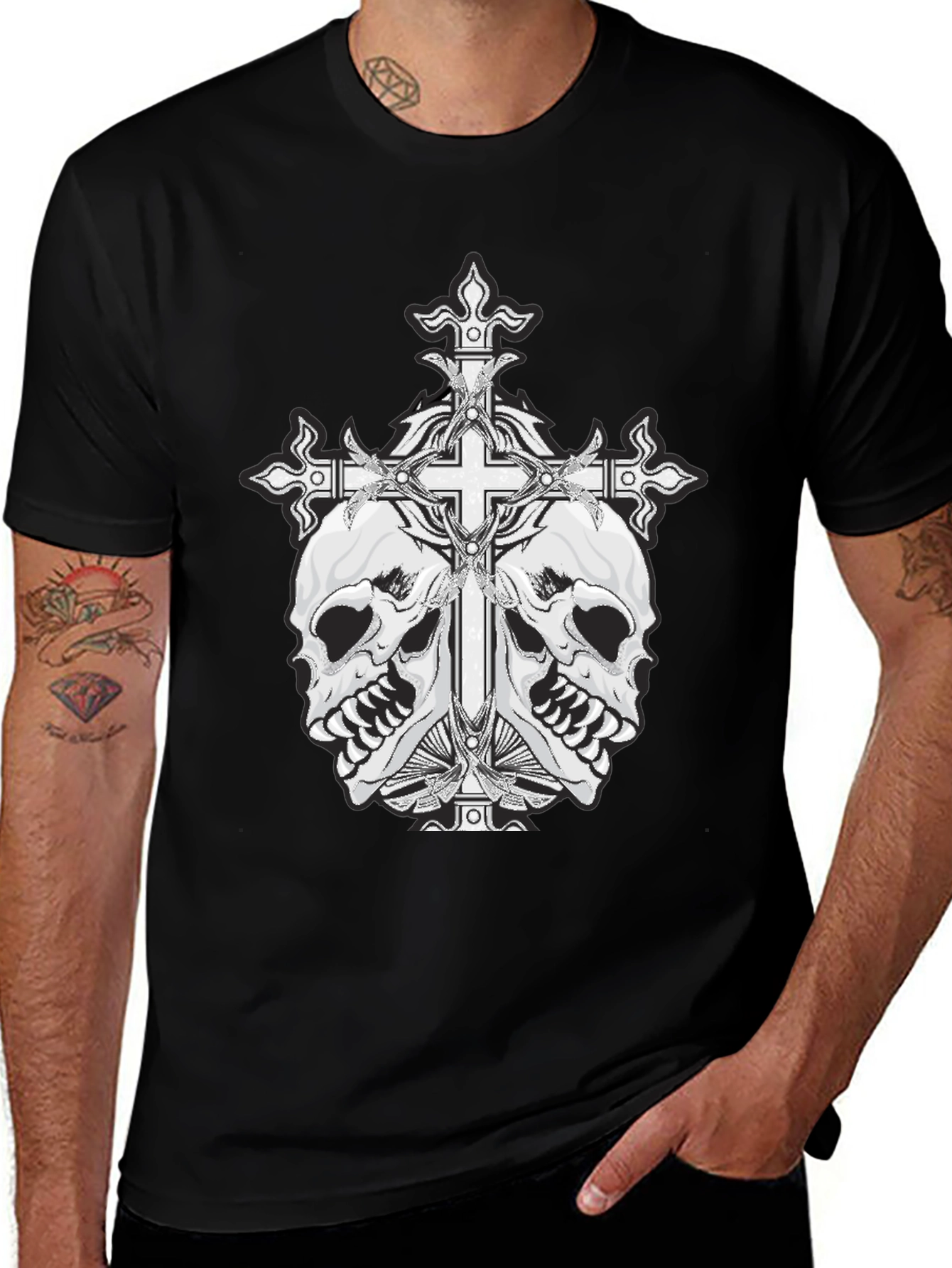 Variant 6 of Skull & Cross Graphic Tee - Black Cotton Blend