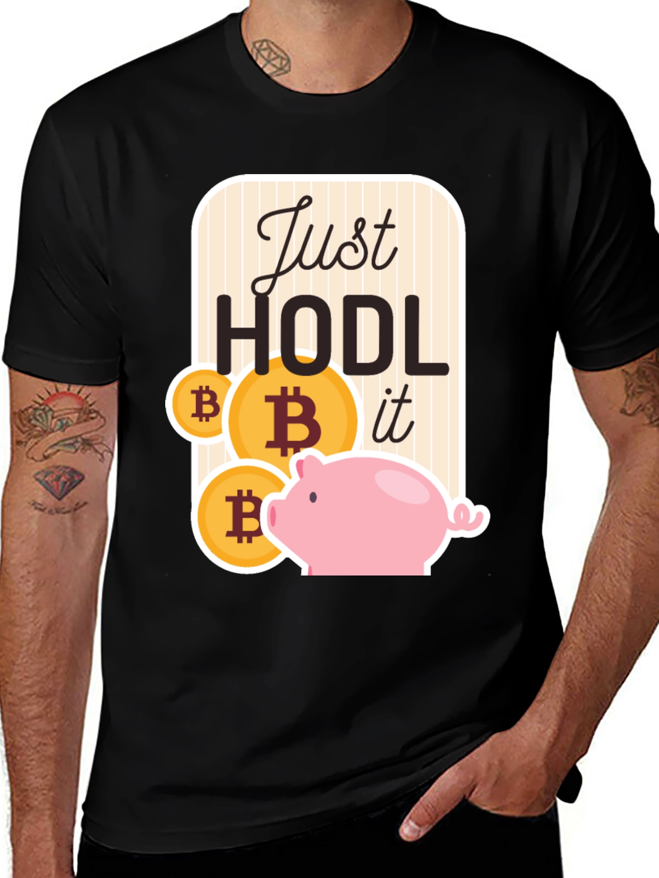 Variant 21 of Just Hodl It Bitcoin Piggy Bank Black T-Shirt