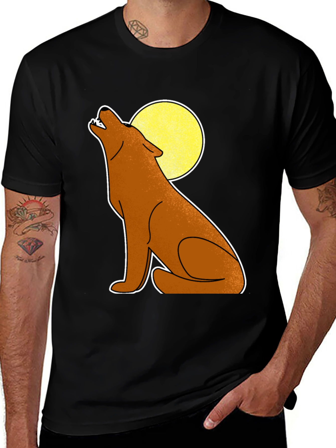 Variant 3 of Wolf Howling at Moon Graphic Tee - Black