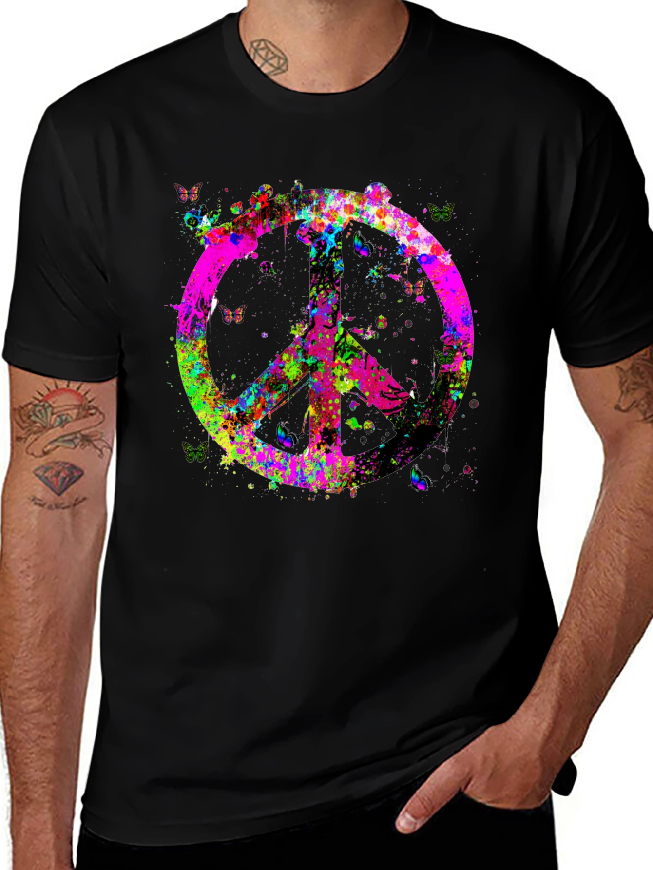 Variant 29 of Colorful Peace Sign Graphic Tee - Black