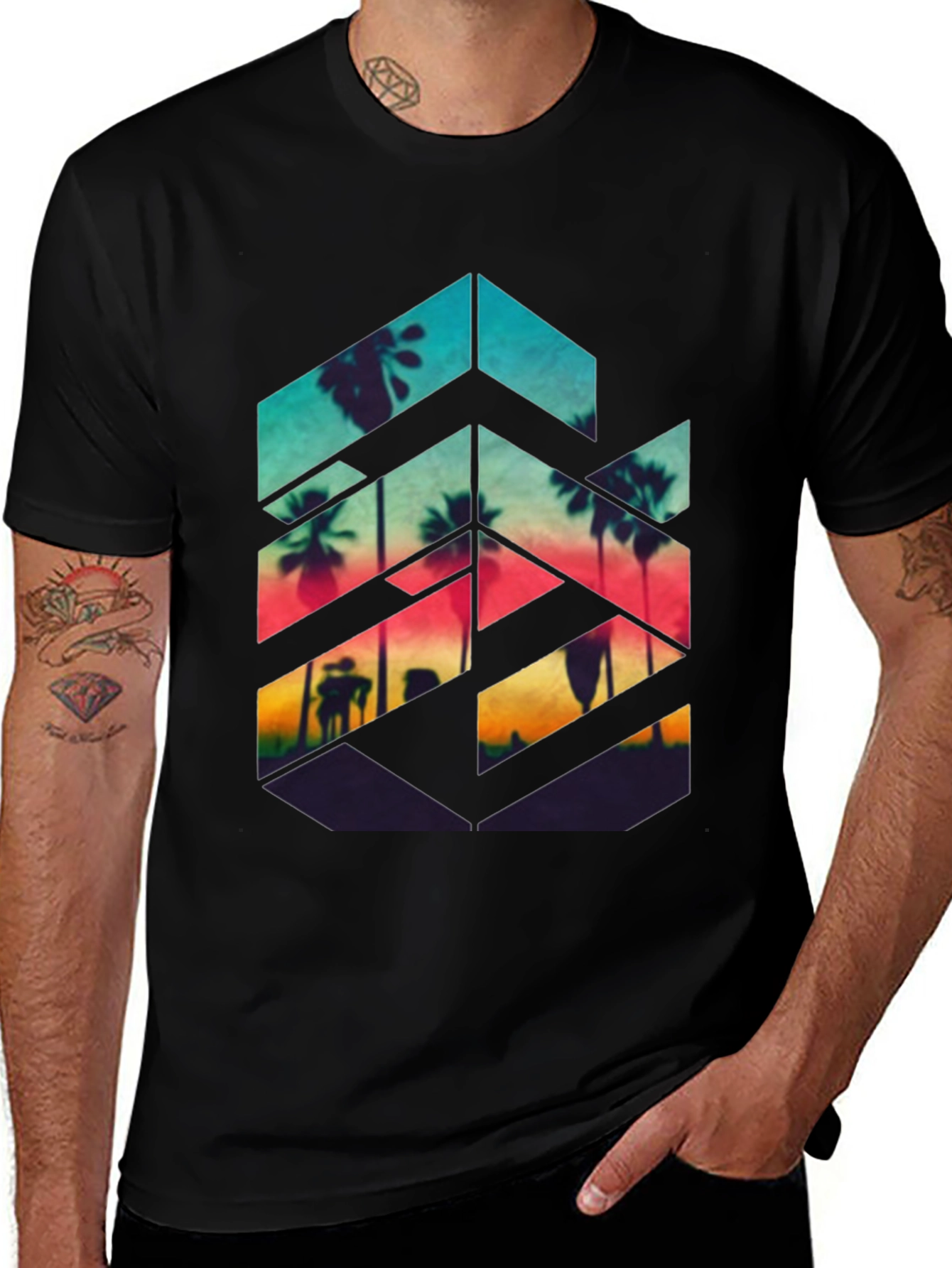 Variant 7 of Sunset Palm Geometric Graphic Tee - Black