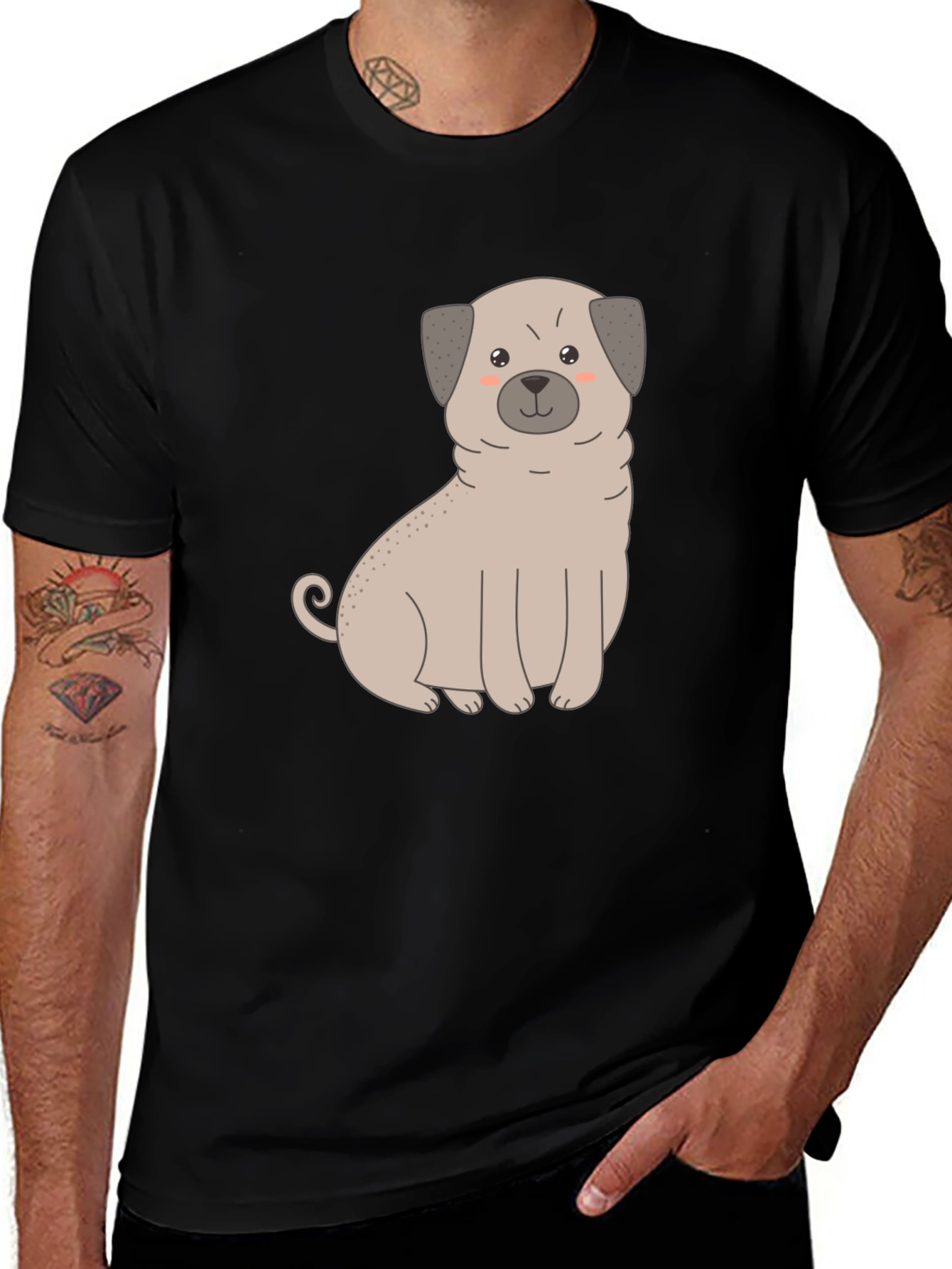 Variant 10 of Cute Pug Dog Graphic T-Shirt - Black Cotton Blend