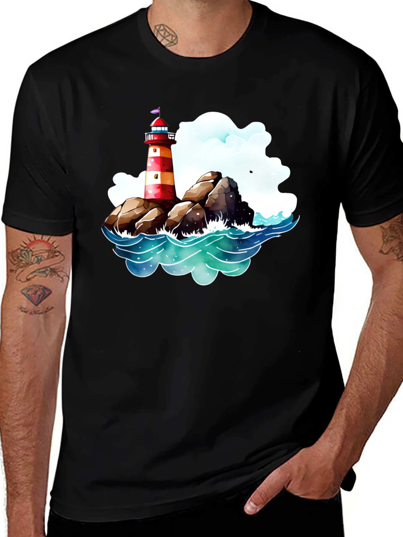 Variant 12 of Lighthouse Graphic Tee - Coastal Style Black T-Shirt