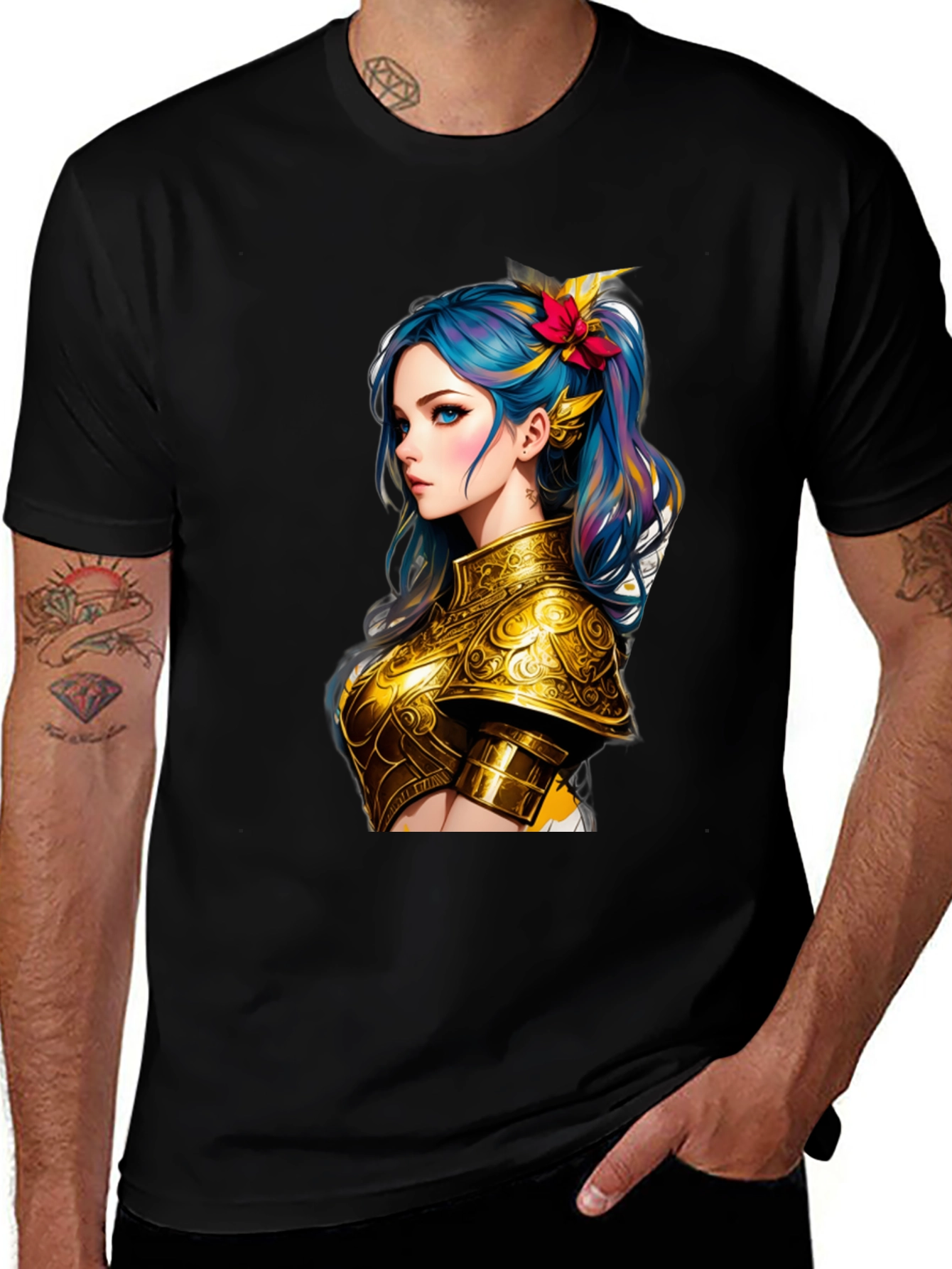 Variant 21 of Anime Girl Gold Armor Black T-Shirt