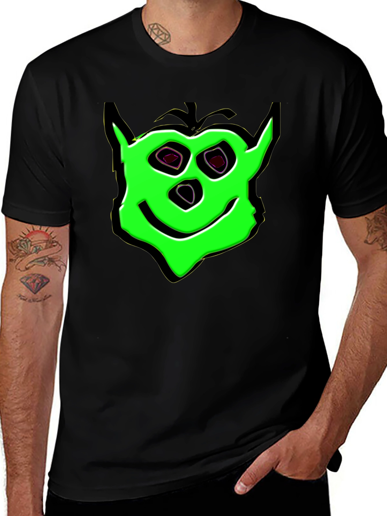 Variant 26 of Green Cartoon Face Black T-Shirt