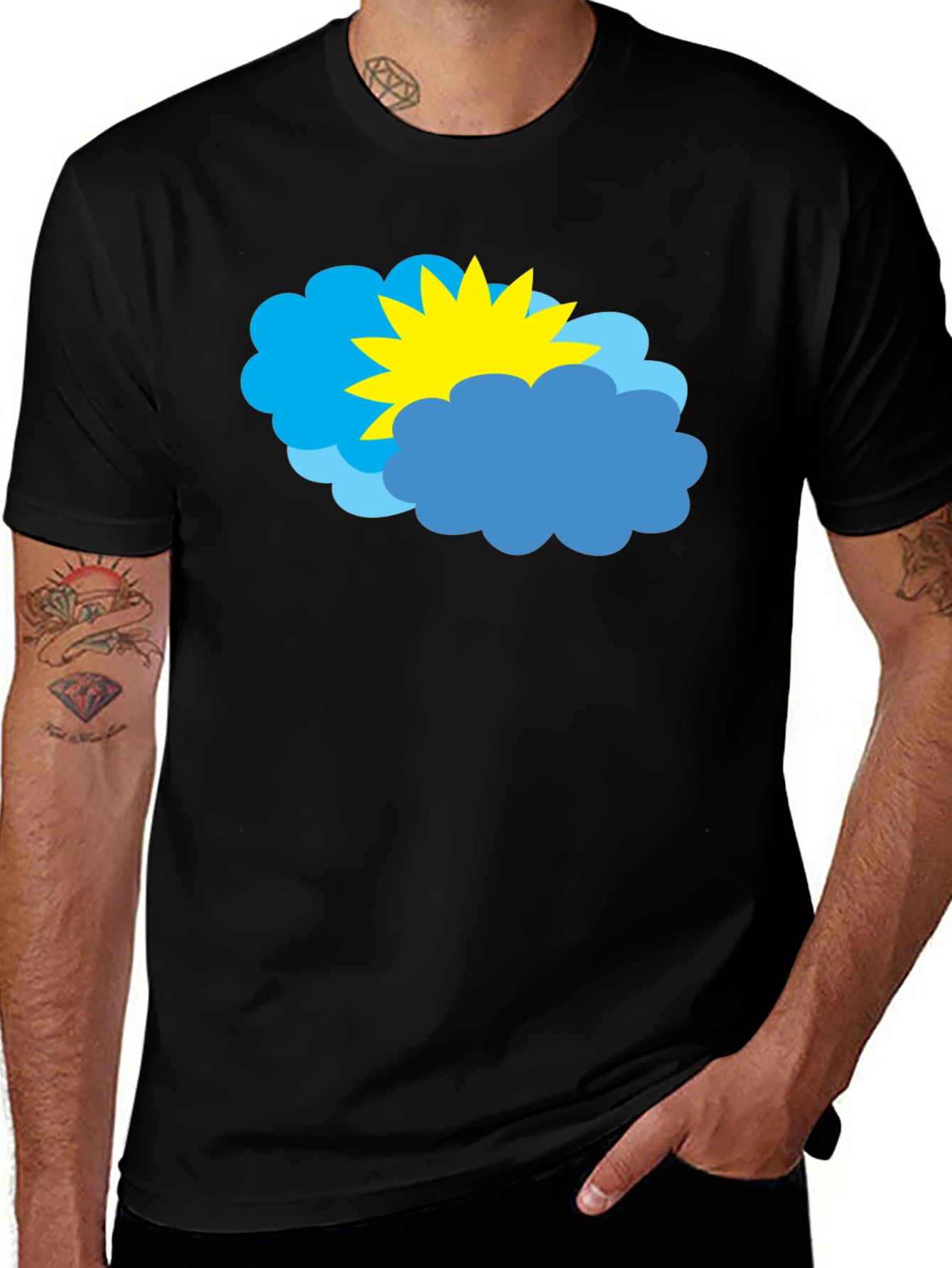 Variant 22 of Cartoon Sun & Clouds Graphic Black T-Shirt