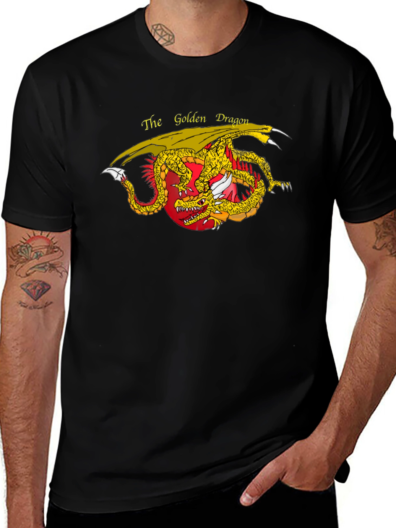 Variant 17 of Golden Dragon Graphic Tee - Black Cotton