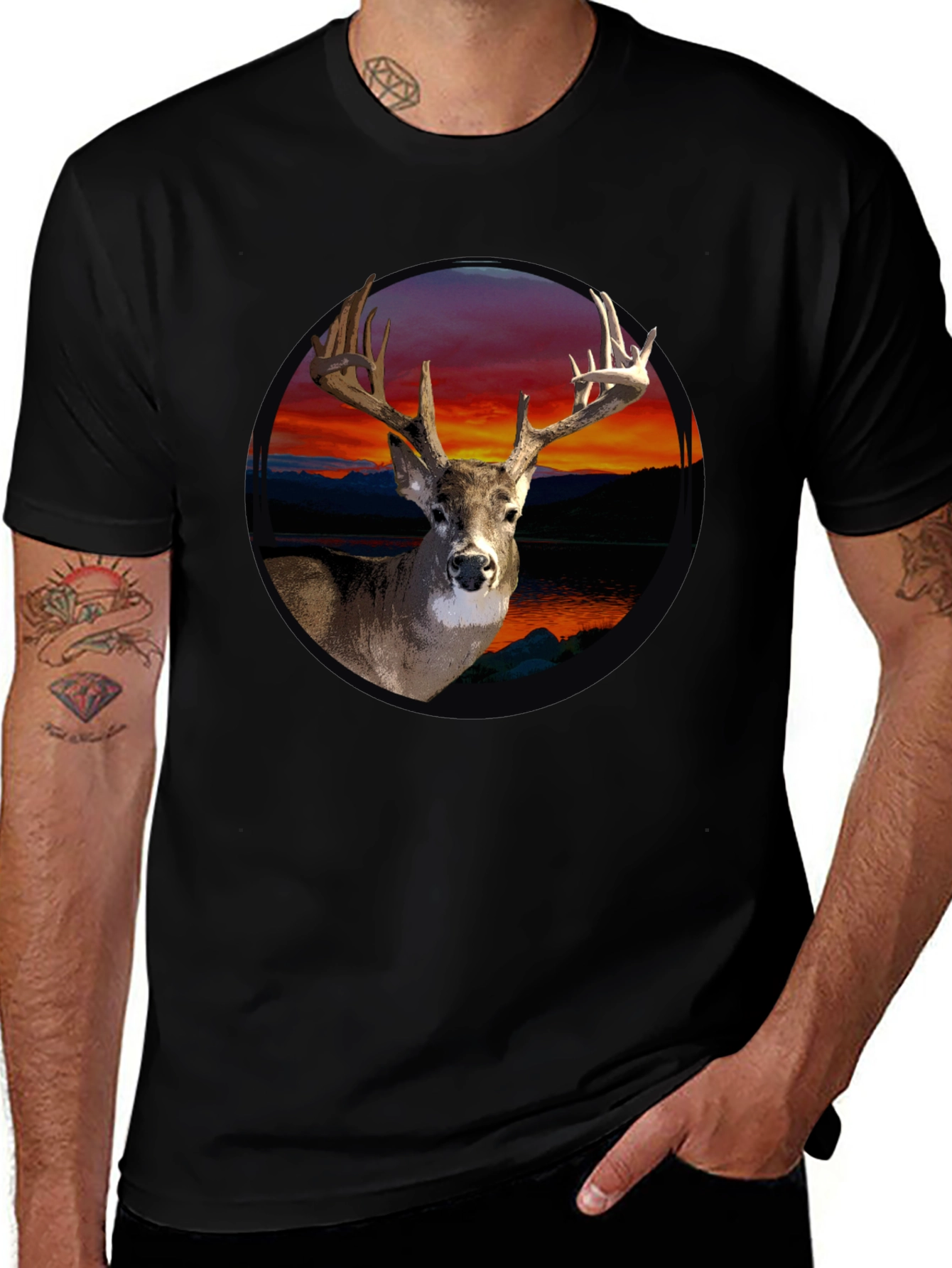 Variant 6 of Deer Sunset Graphic Tee - Men's Black T-Shirt