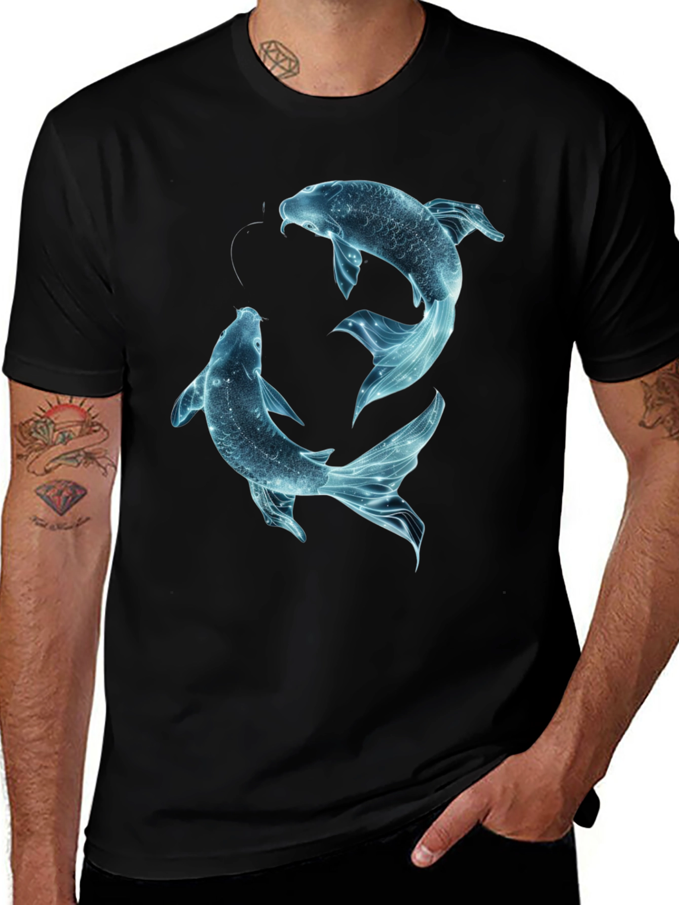 Variant 11 of Koi Fish Graphic Tee - Black Cotton Casual Shirt