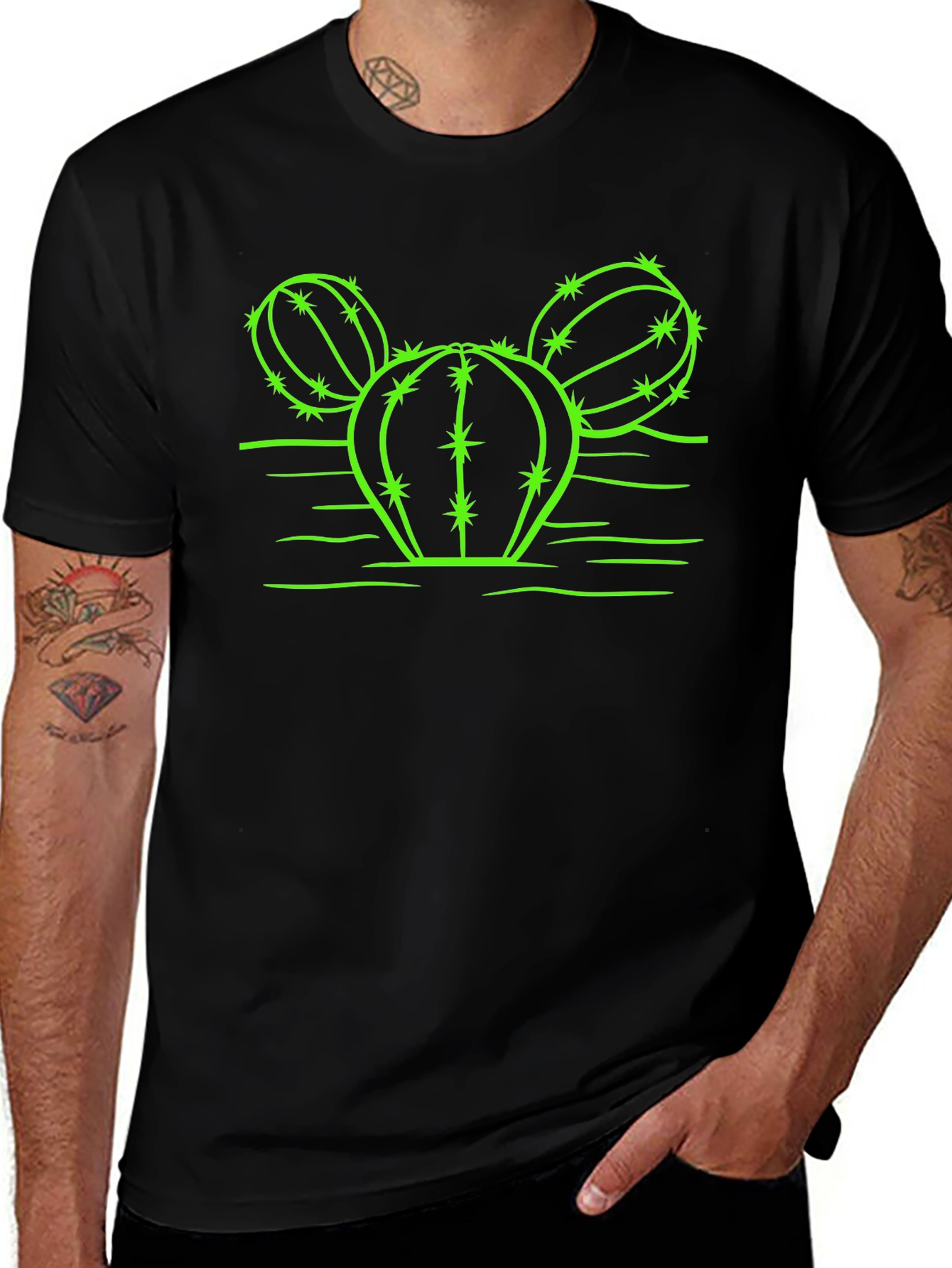 Variant 8 of Cactus Graphic T-Shirt - Neon Green Design on Black