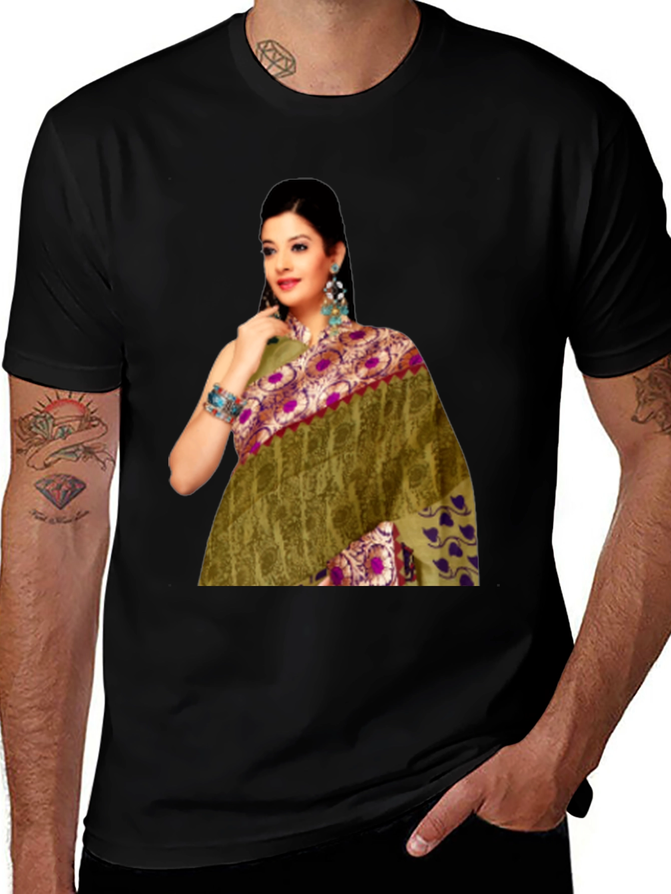 Black Black T-Shirt with Saree Print main image