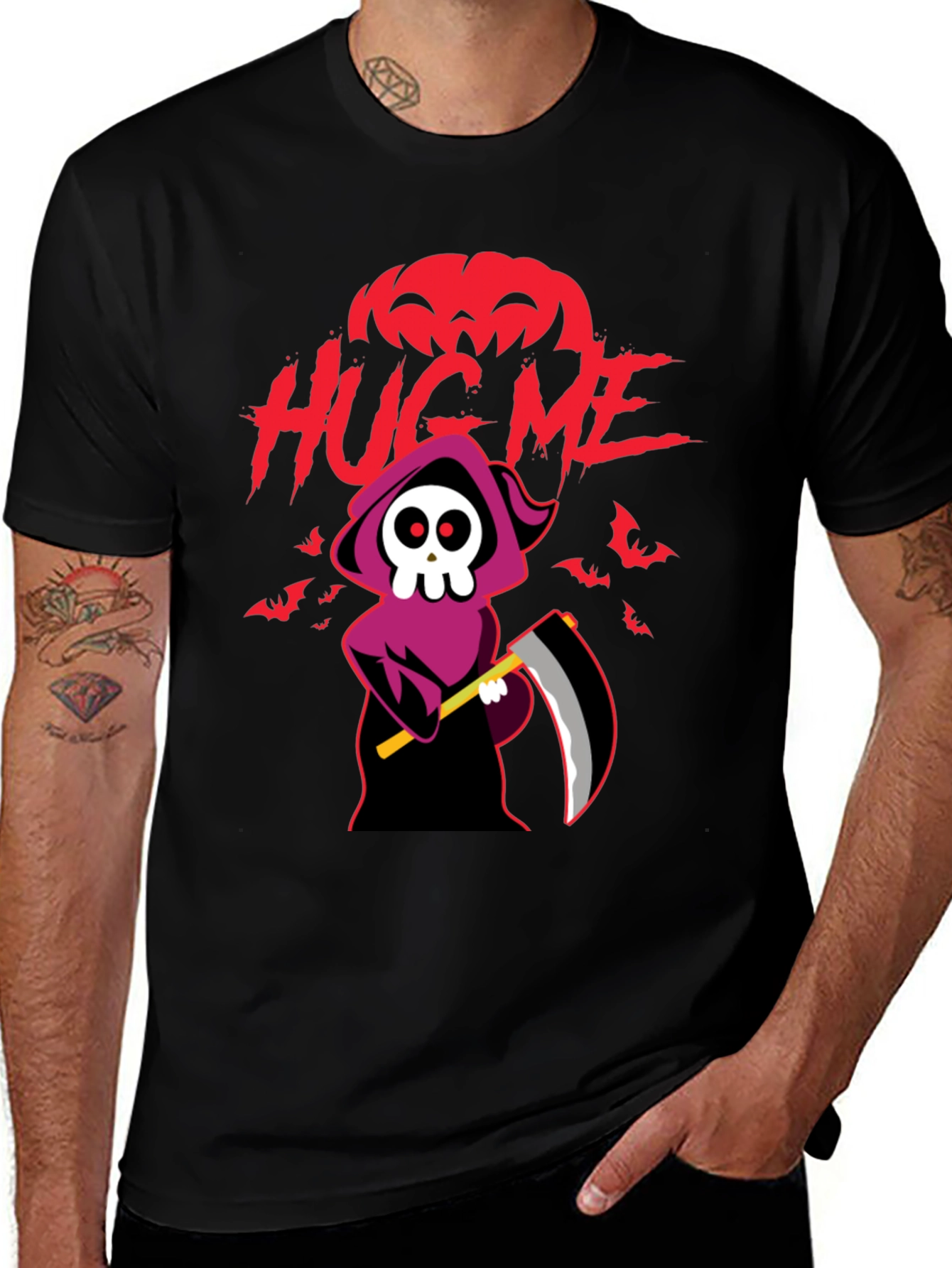 Halloween Grim Reaper "Hug Me" Black Graphic T-Shirt