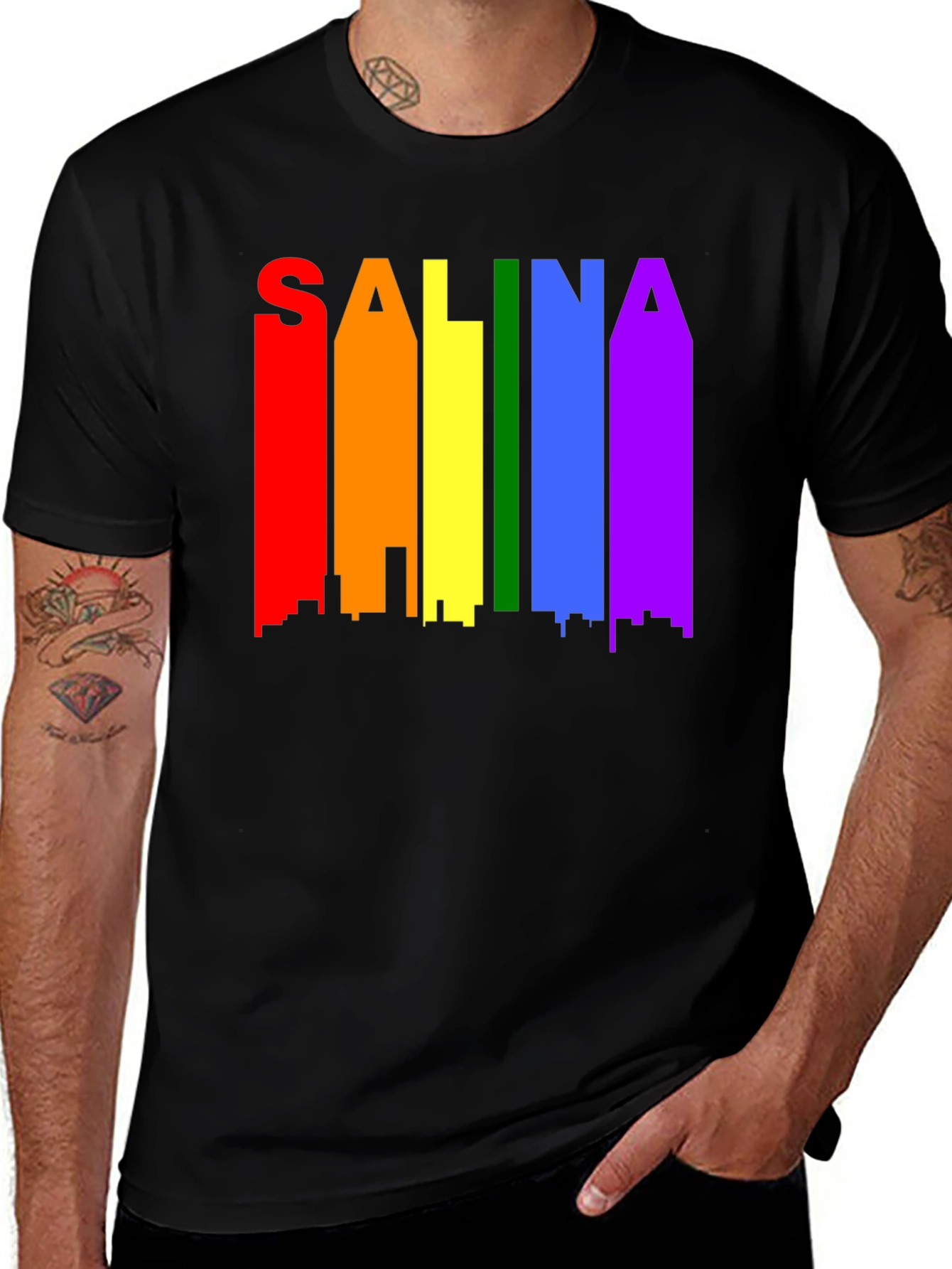 Salina Pride T-Shirt: Rainbow Skyline Graphic Tee