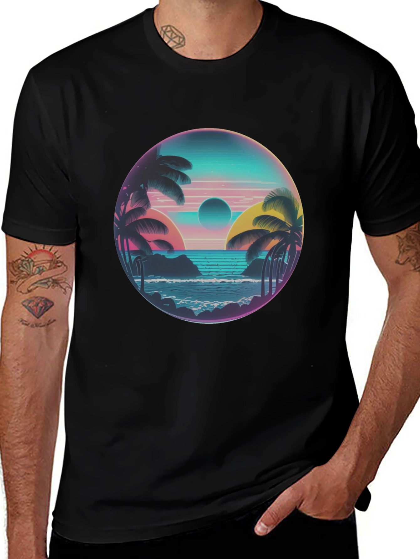 Variant 12 of Retro Wave Palm Tree Graphic Tee - Black