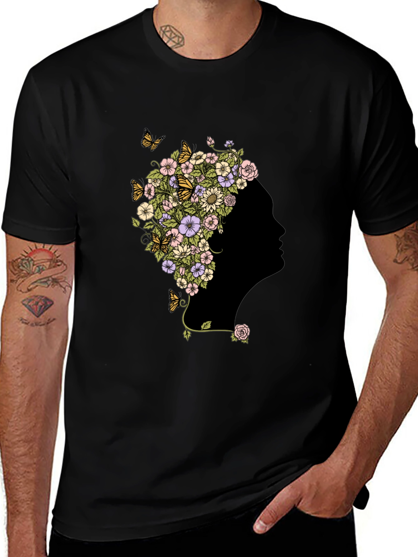 Variant 18 of Floral Silhouette Graphic Black T-Shirt