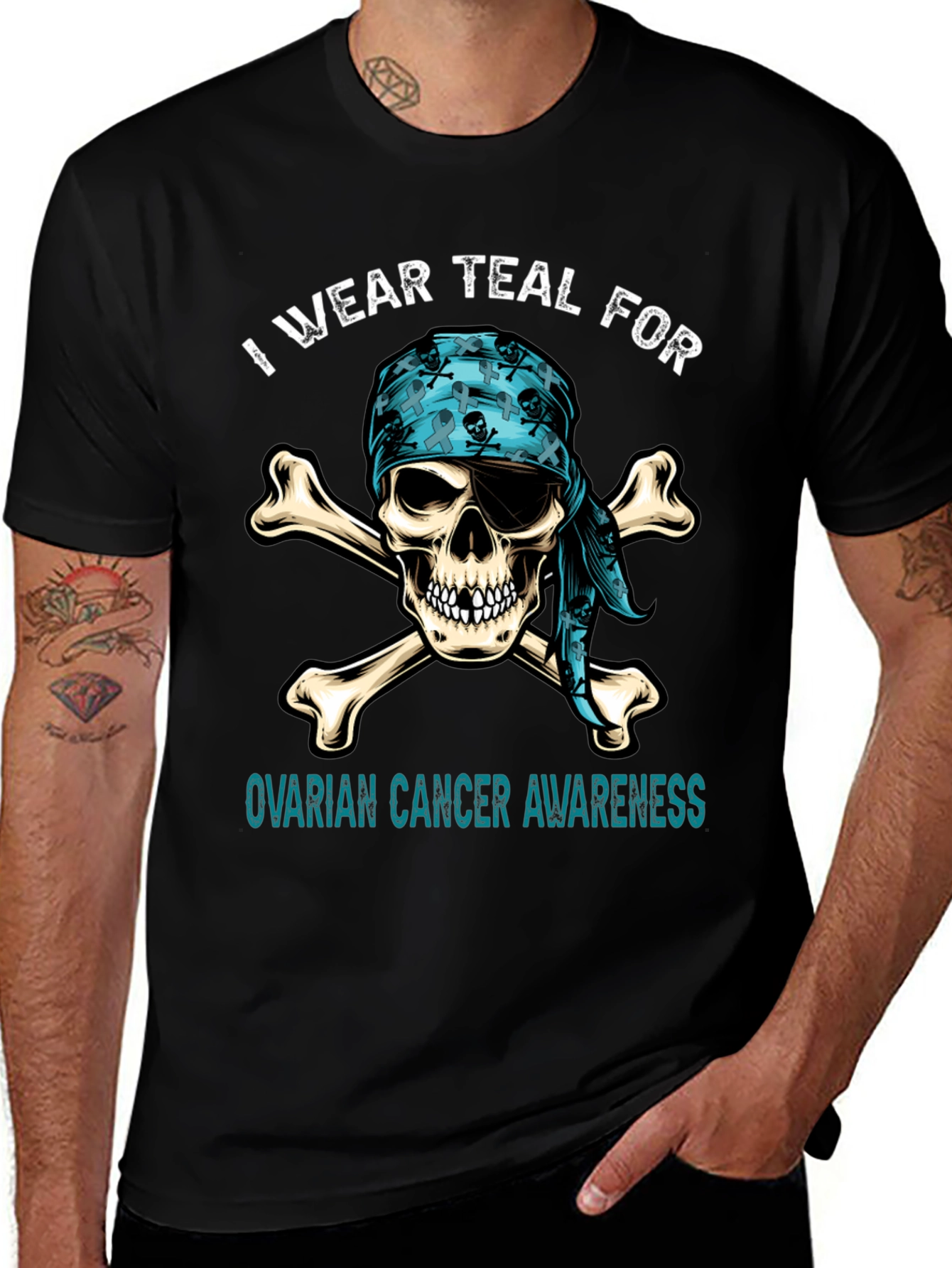 Teal Ribbon Skull Ovarian Cancer Awareness T-Shirt
