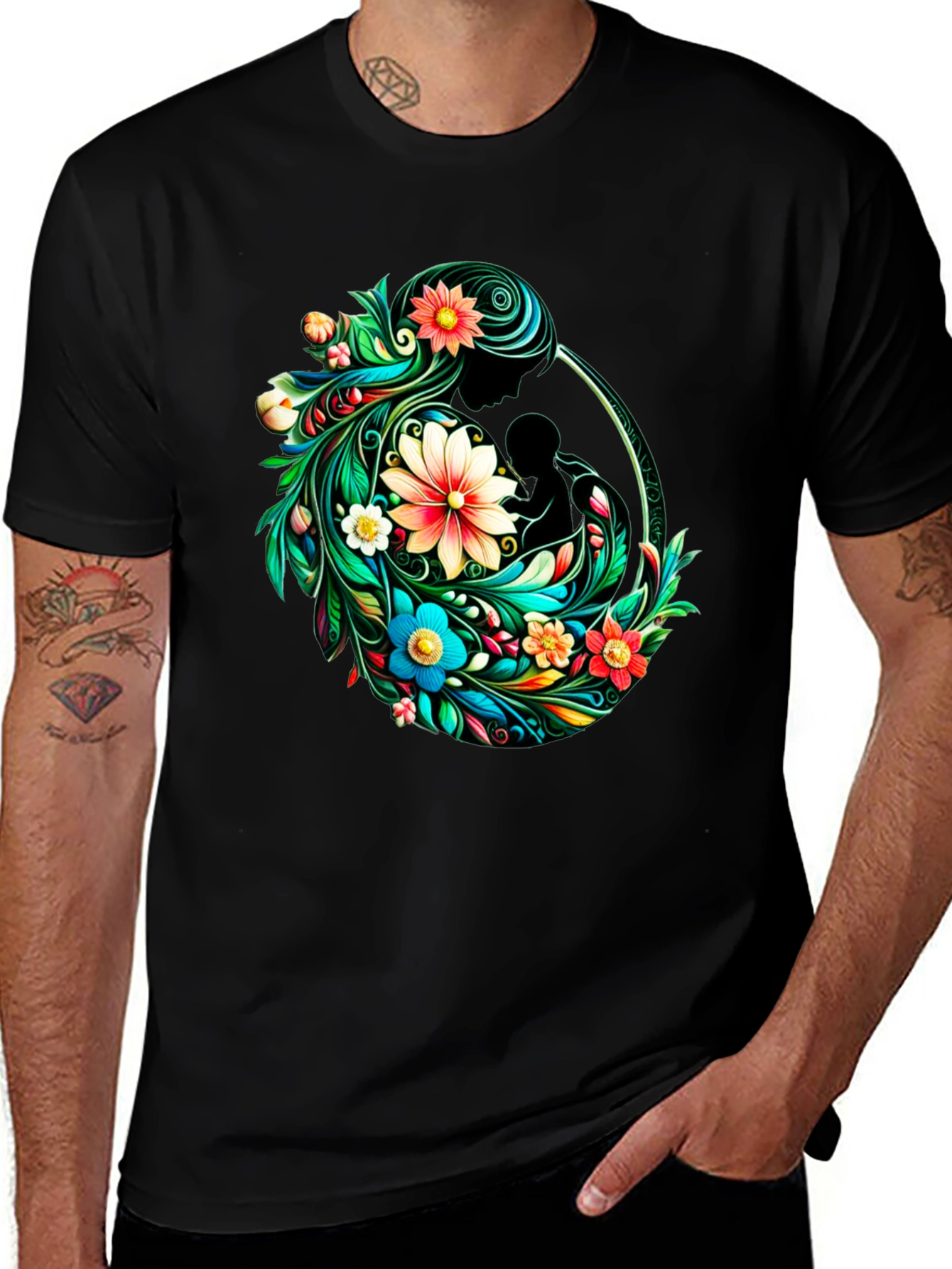 Variant 17 of Floral Mother & Child Graphic Tee - Black