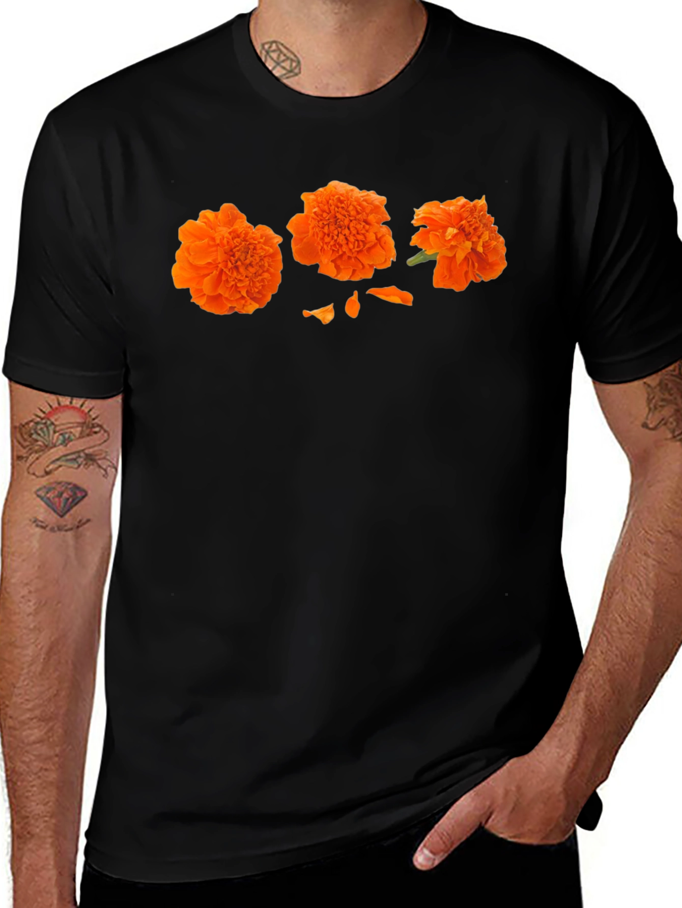 Variant 6 of Orange Flower Print Black T-Shirt - Casual Style
