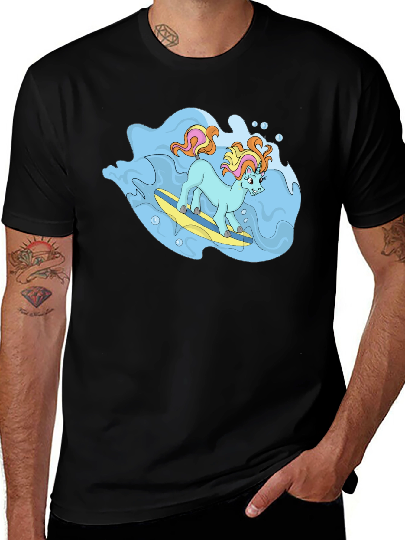 Variant 22 of Surfing Unicorn Graphic Tee - Black Cotton Shirt