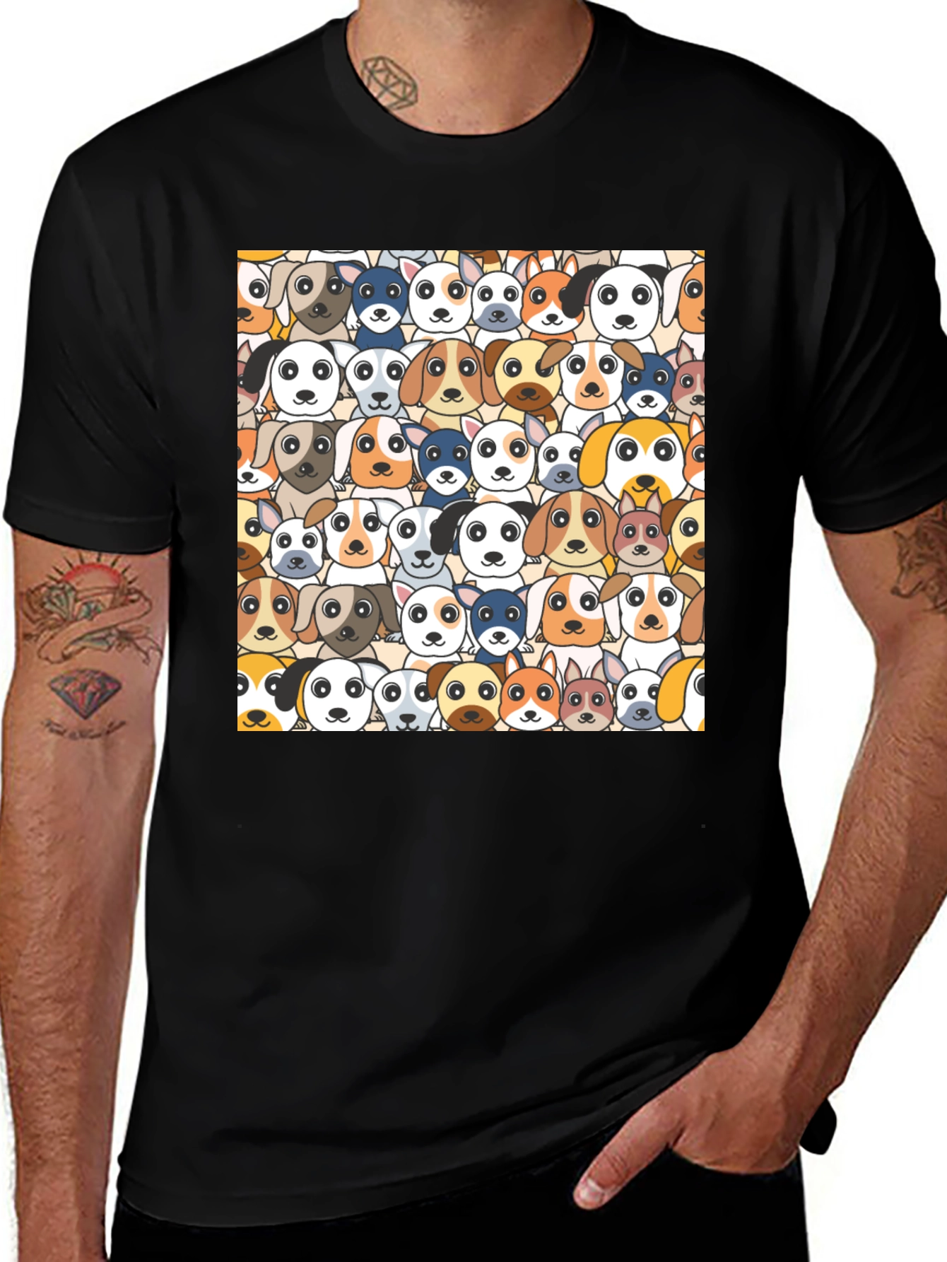 Variant 26 of Dog Faces Graphic Print Black T-Shirt
