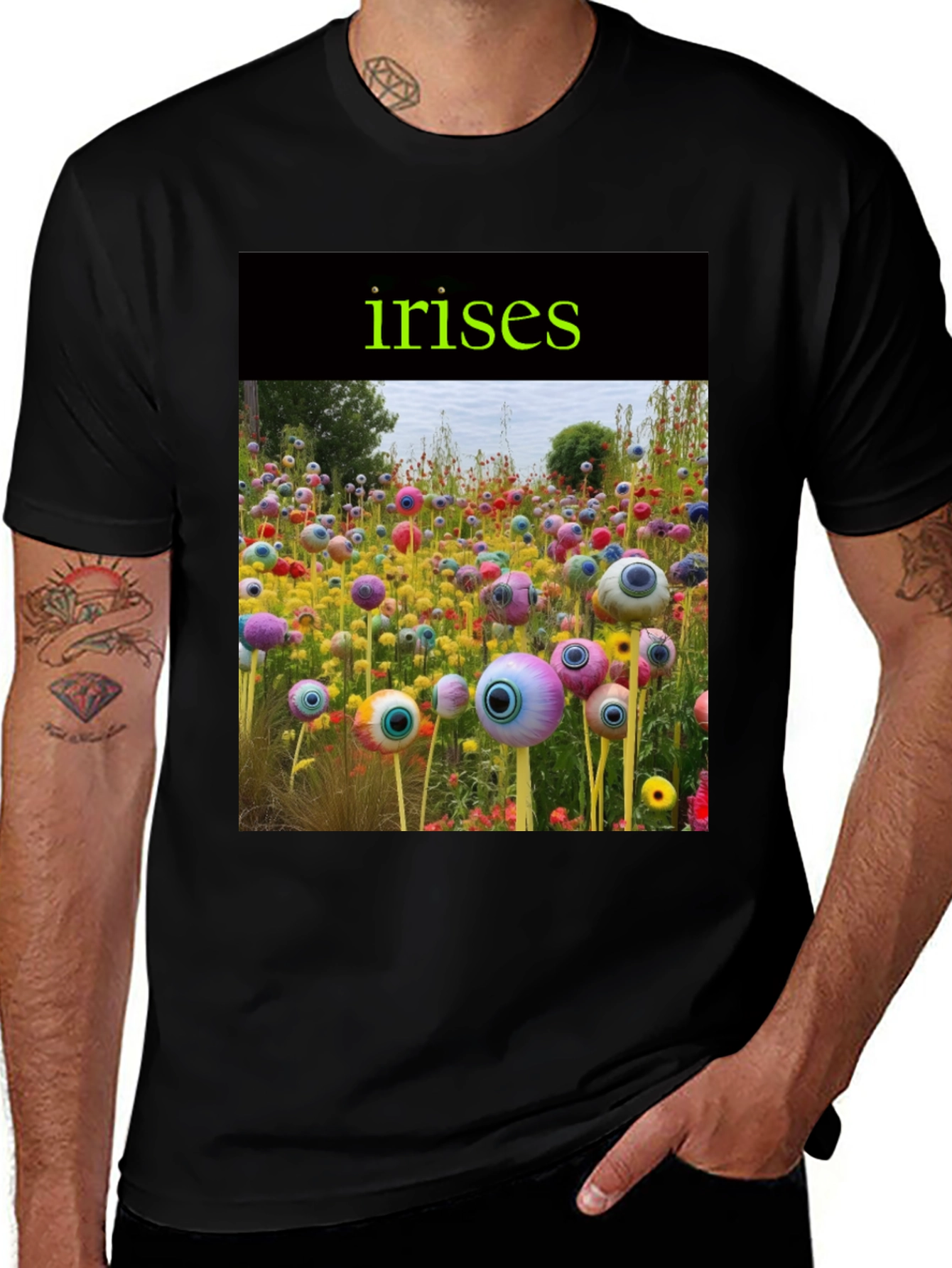 Variant 30 of Irises Garden T-Shirt - Unique Eyeball Flower Design