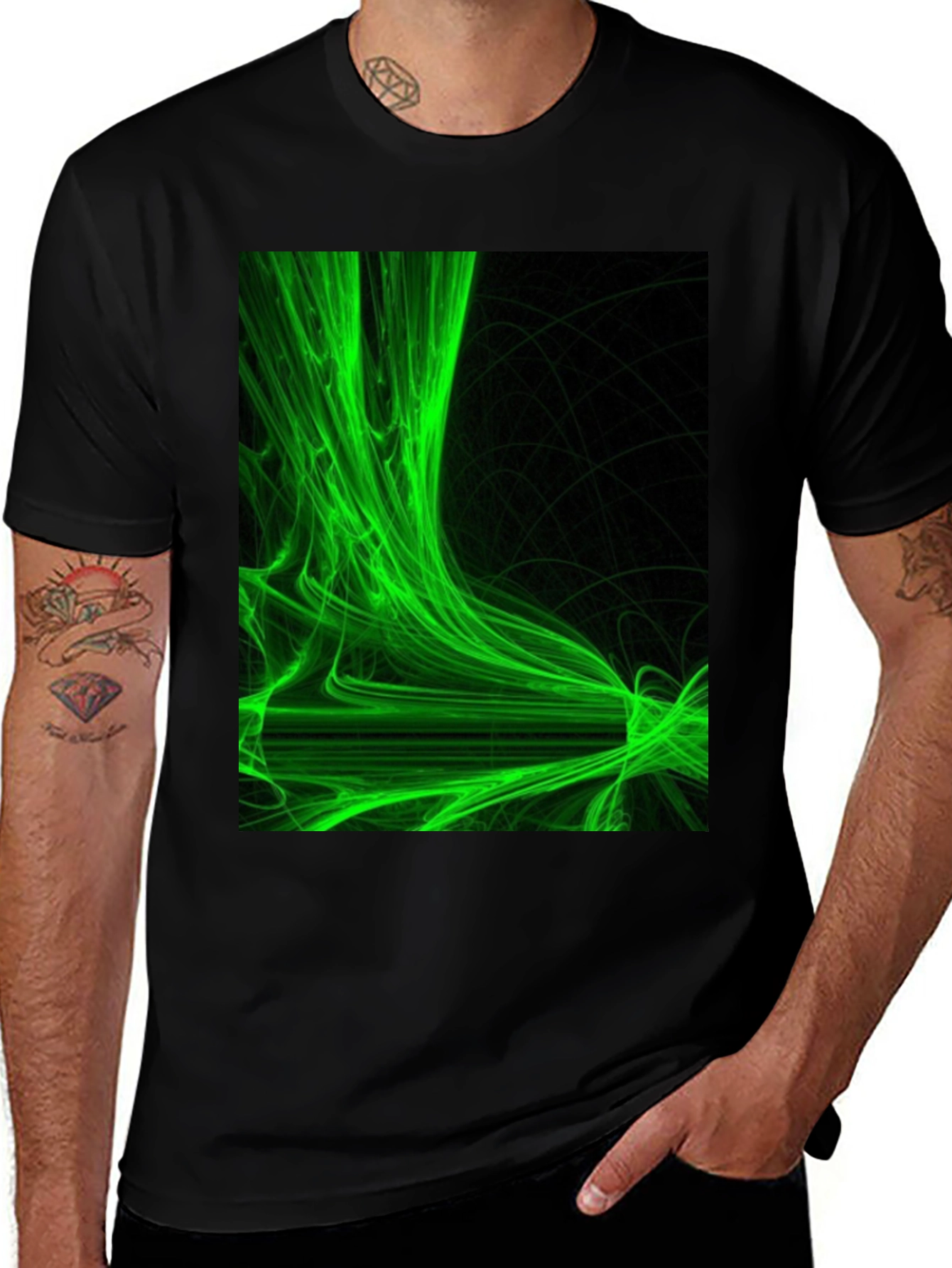 Abstract Green Graphic Black T-Shirt