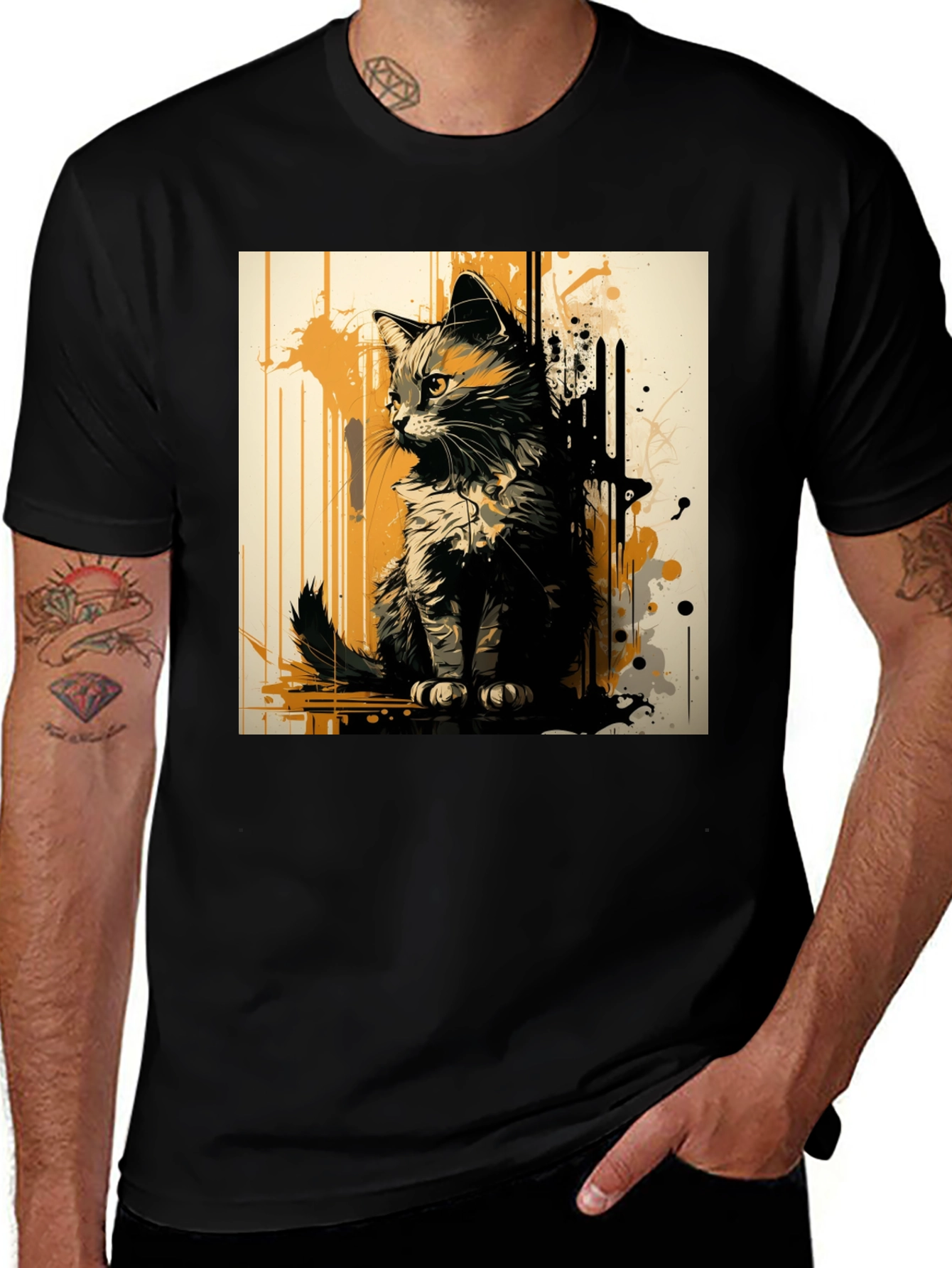Variant 17 of Abstract Cat Graphic Print Black T-Shirt