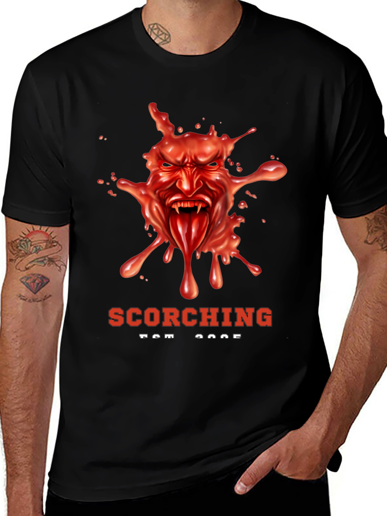 Variant 9 of Scorching Devil Face Graphic Tee - Black Cotton T-Shirt