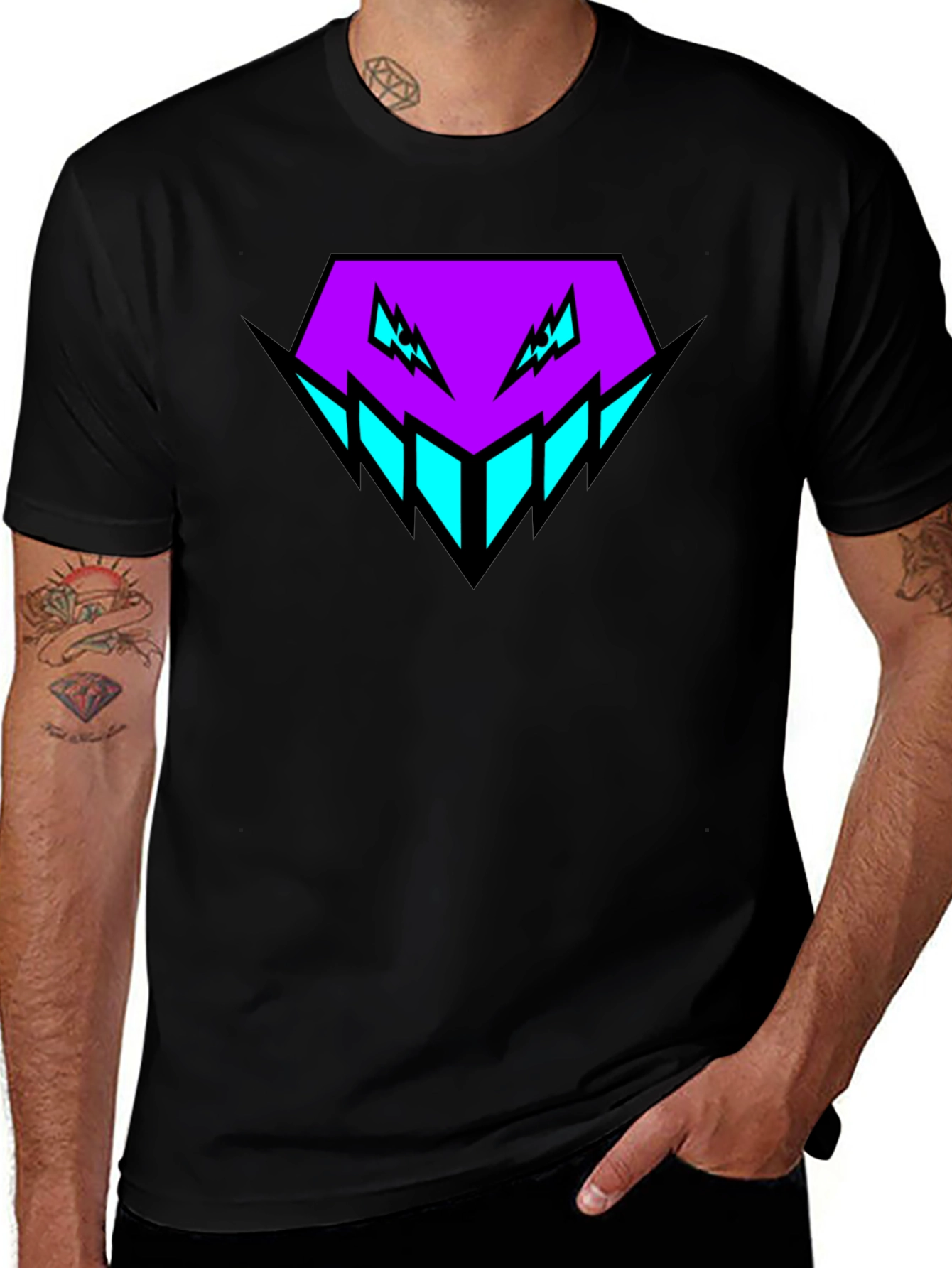Variant 21 of Men's Black T-Shirt with Purple/Cyan Geometric Design