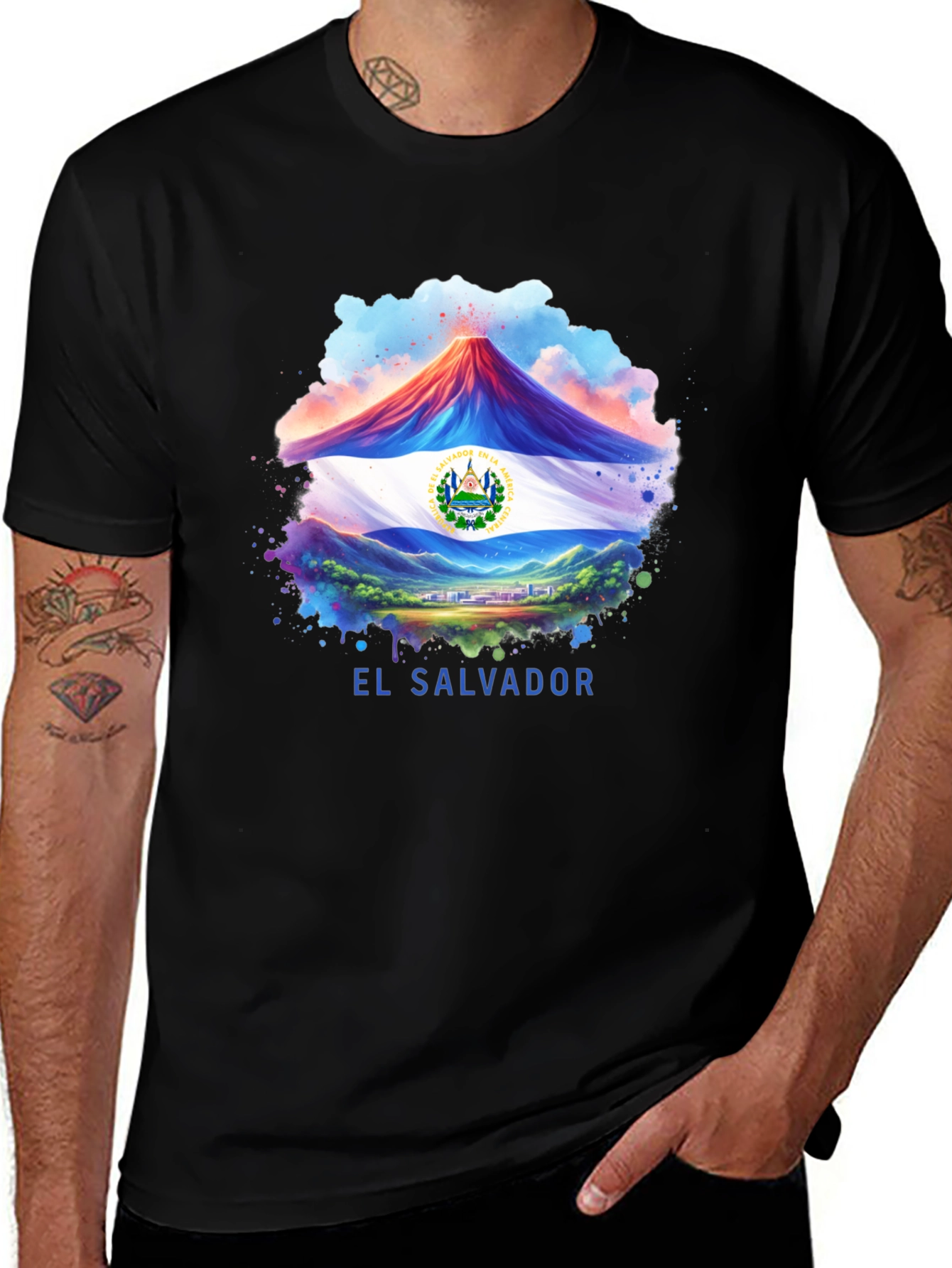 El Salvador Flag Graphic T-Shirt - Black